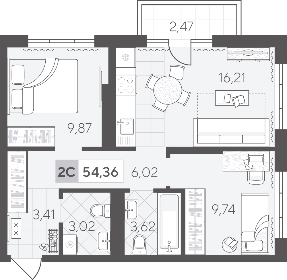 Планировка: Евротрешка 54.4 м² в ЖК Скандиа. Квартал в Комарово Парк, Комарово Парк