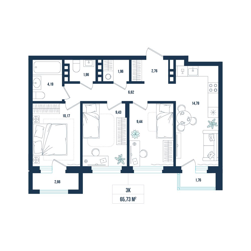 Планировка: 4-комнатная евро 65.7 м² в ЖК Смородина, ЖК Смородина