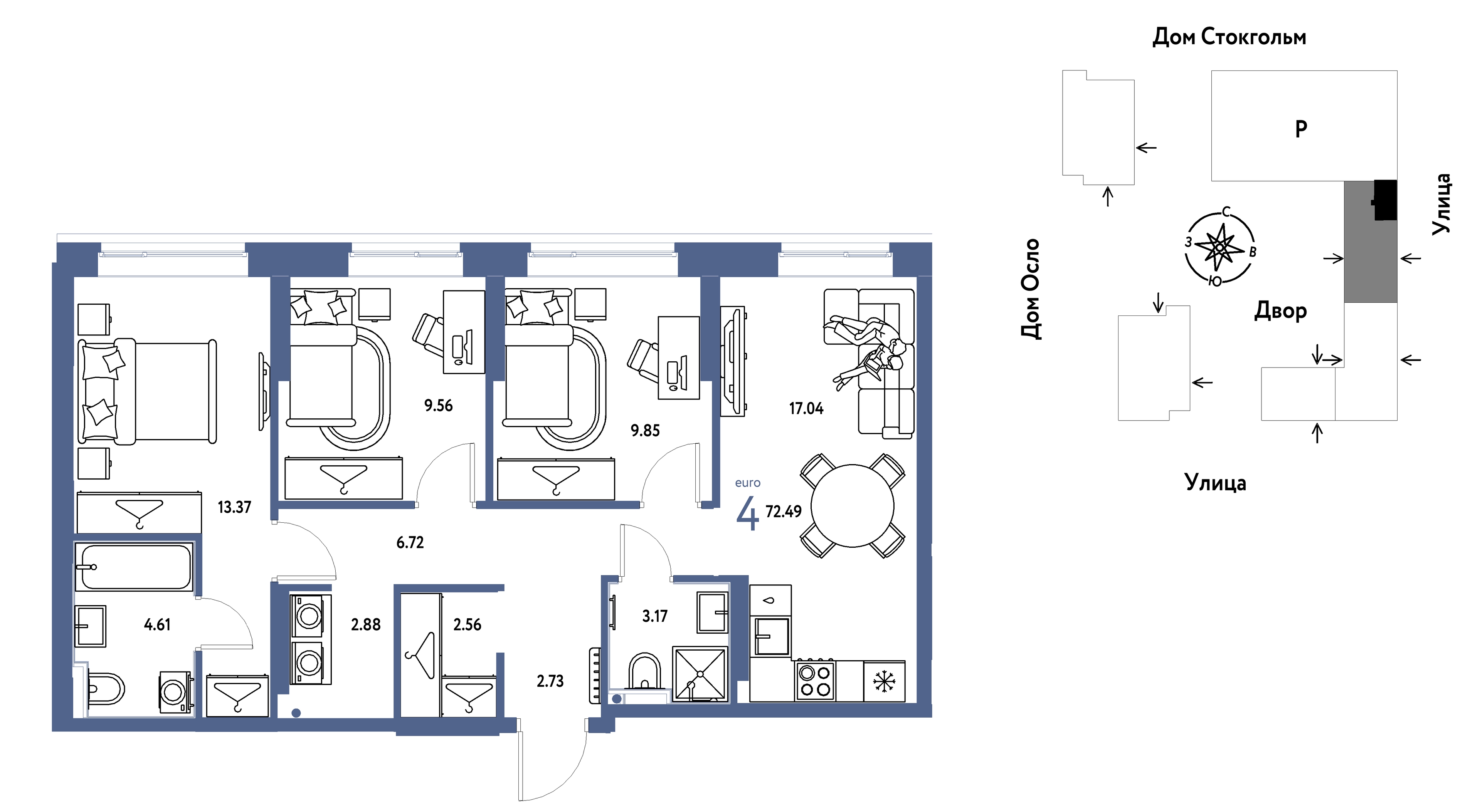 Планировка: 4-комнатная евро 72.5 м² в ЖК Европейский берег 2.0, Европейский