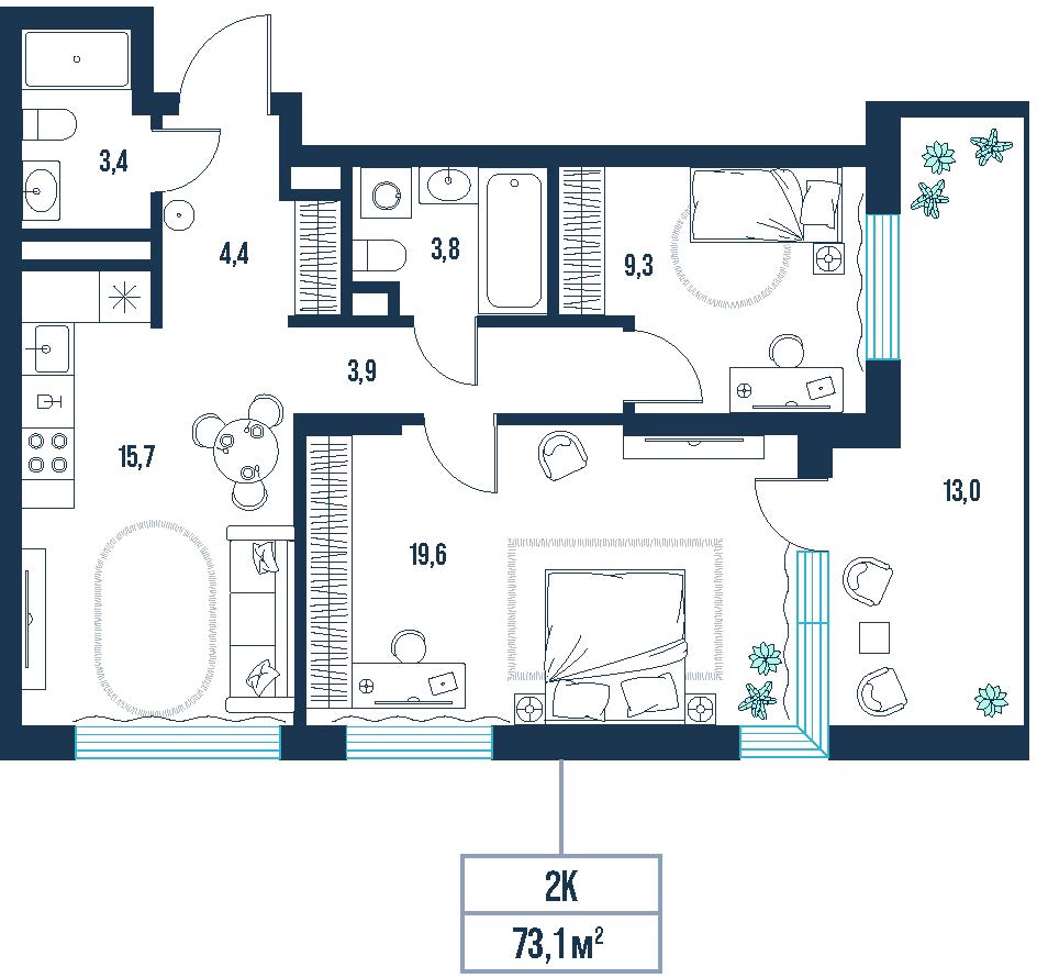 Планировка: 4-комнатная евро 73.1 м² в ЖК AIRIS, Комарово Парк