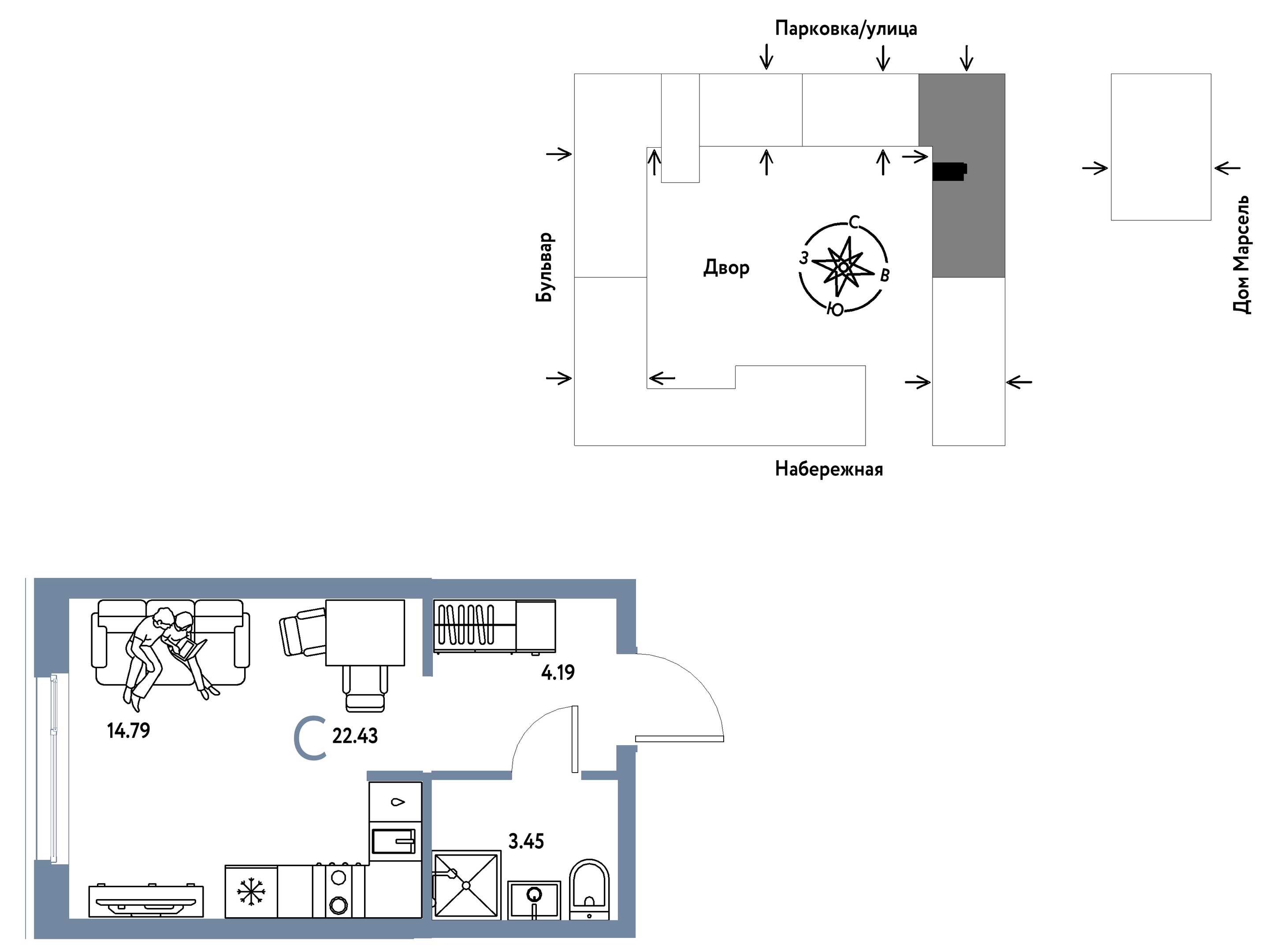 Планировка: Студия 22.4 м² в ЖК Европейский берег 2.0, Европейский