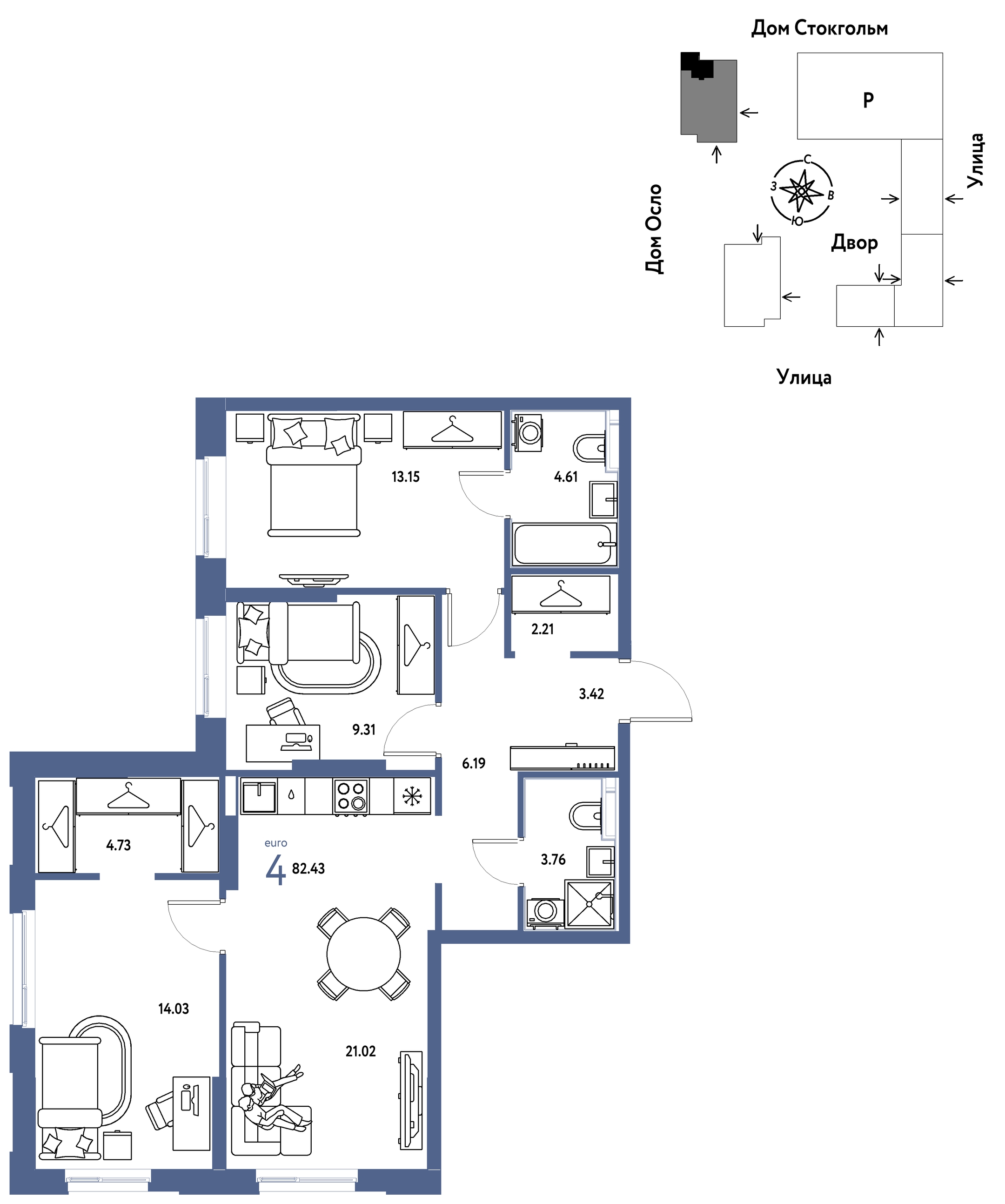 Планировка: 4-комнатная евро 82.4 м² в ЖК Европейский берег 2.0, Европейский