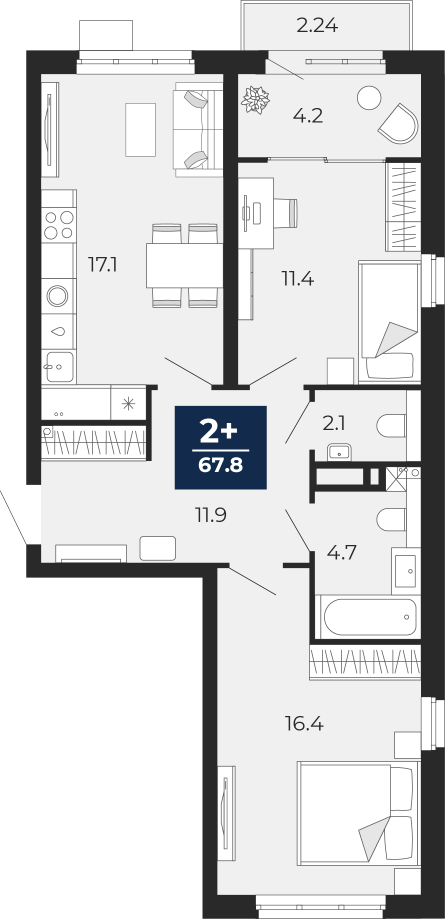 Планировка: Евротрешка 71.2 м² в ЖК Беринг, Лесобаза