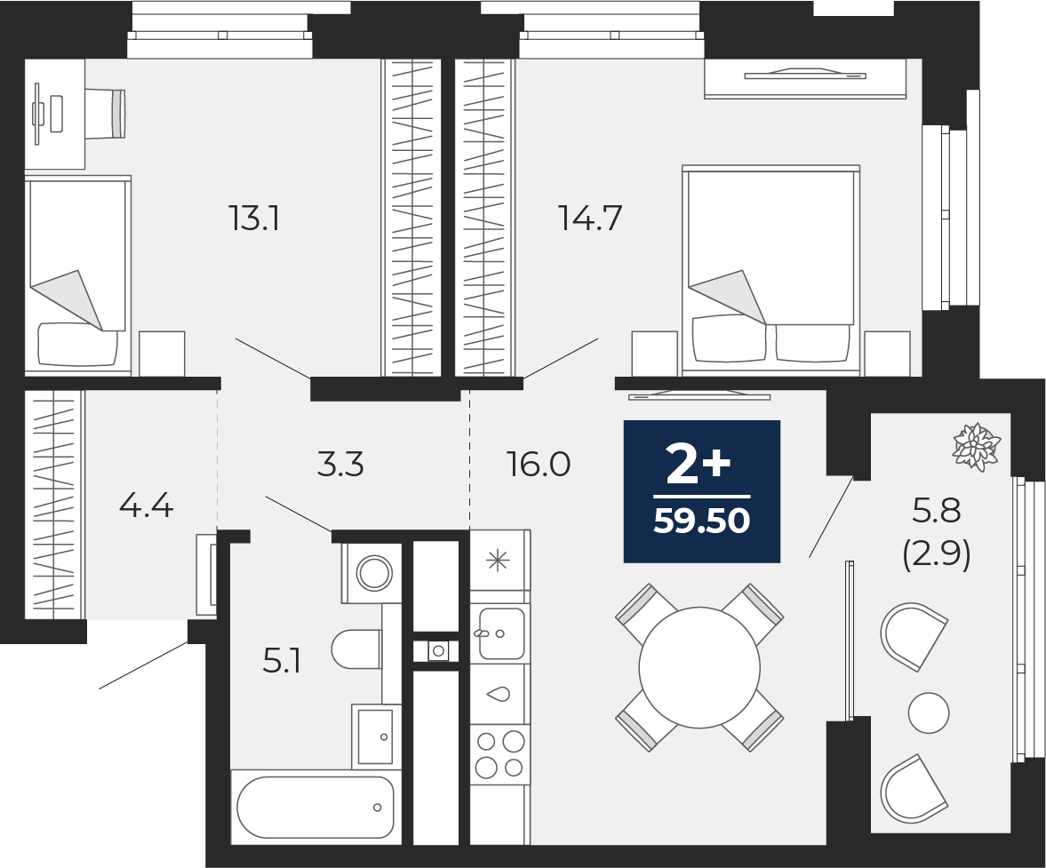 Планировка: 2-комнатная 62.4 м² в ЖК Мириады, Мыс