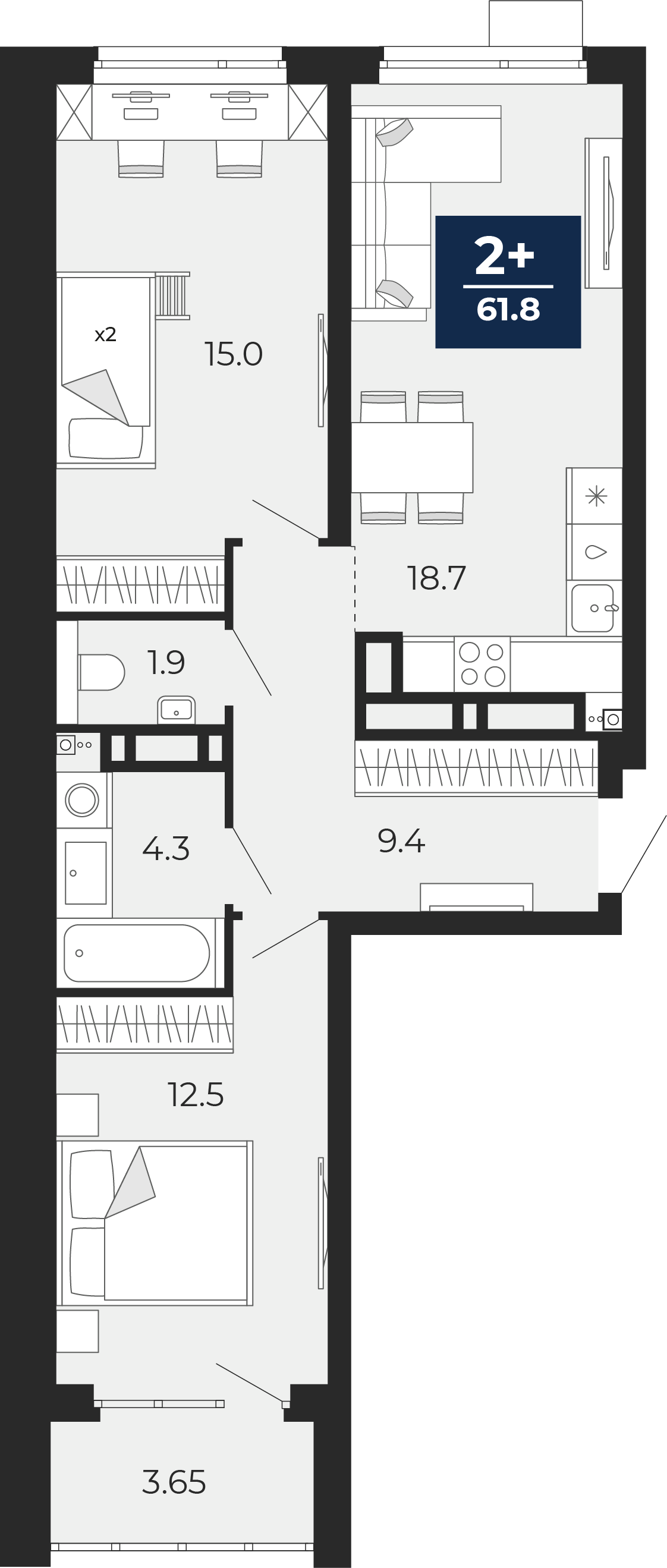 Планировка: Евротрешка 66.8 м² в ЖК Прео, Тюменская слобода