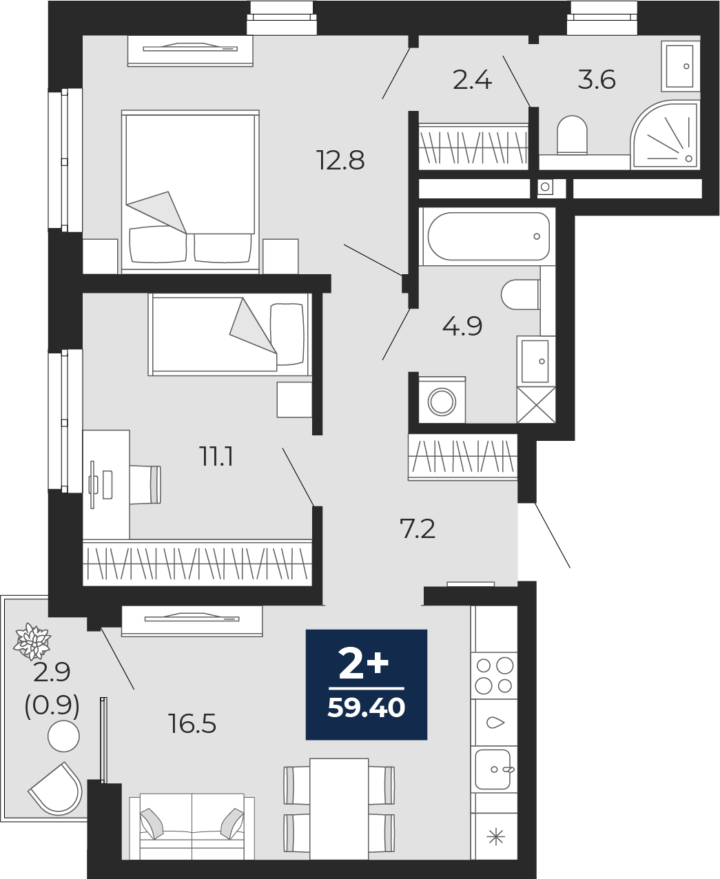 Планировка: Евротрешка 61.4 м² в ЖК Мириады, Мыс