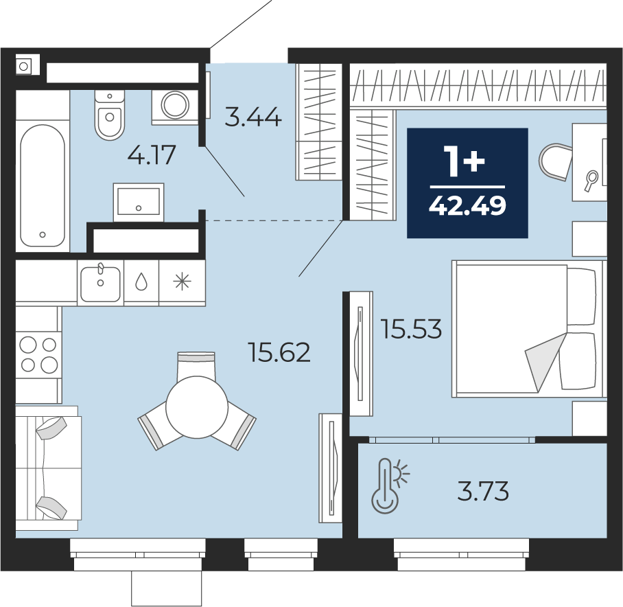 Планировка: Евродвушка 42.5 м² в ЖК Мириады, Мыс