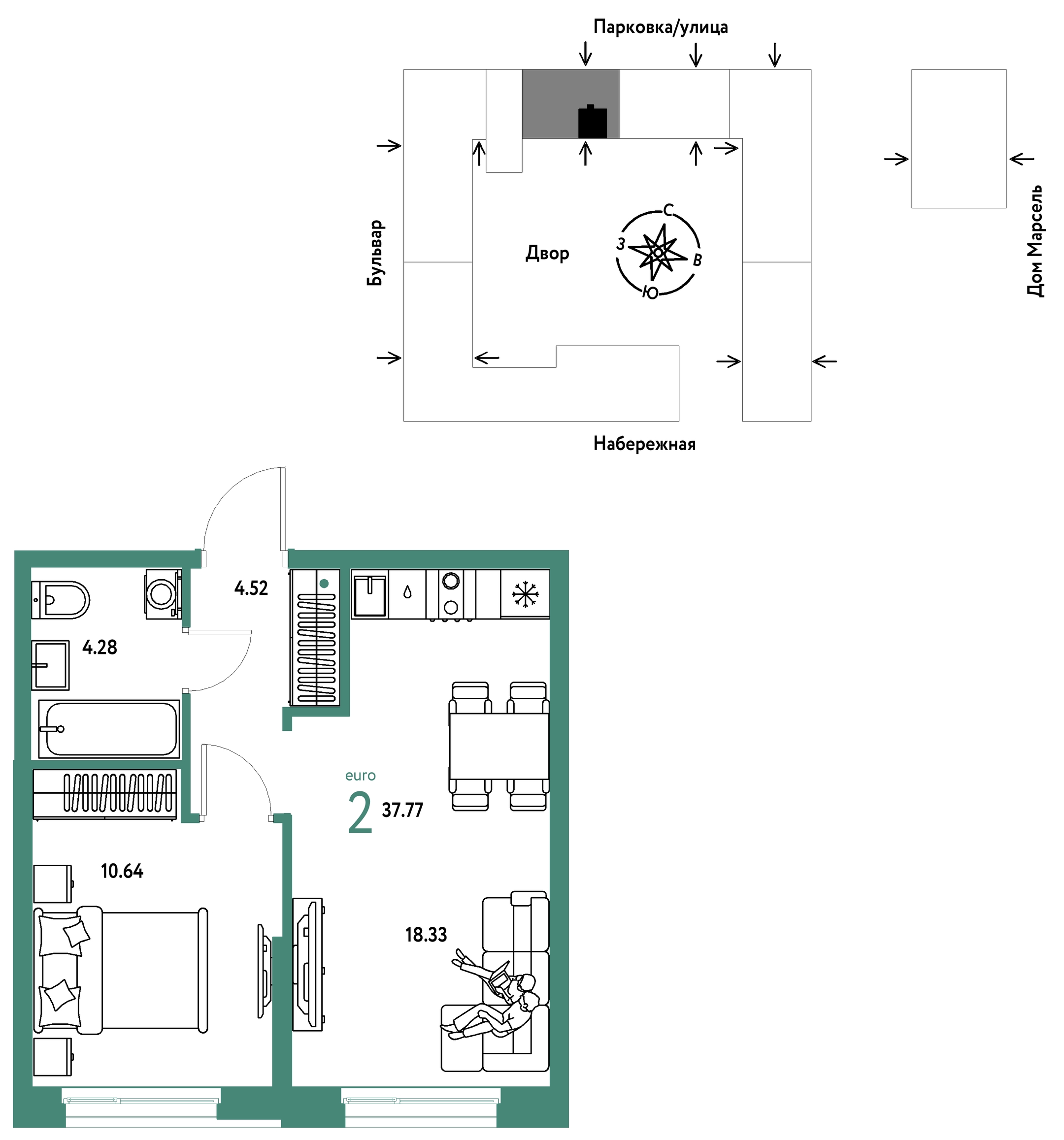 Планировка: Евродвушка 37.8 м² в ЖК Европейский берег 2.0, Европейский