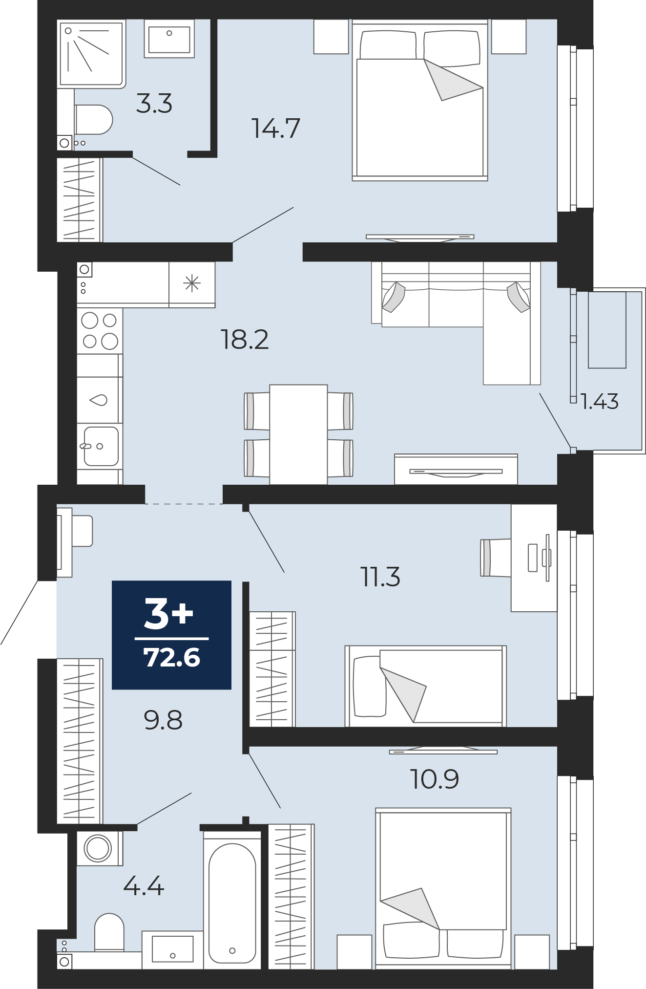 Планировка: 4-комнатная евро 75.6 м² в ЖК Прео, Тюменская слобода