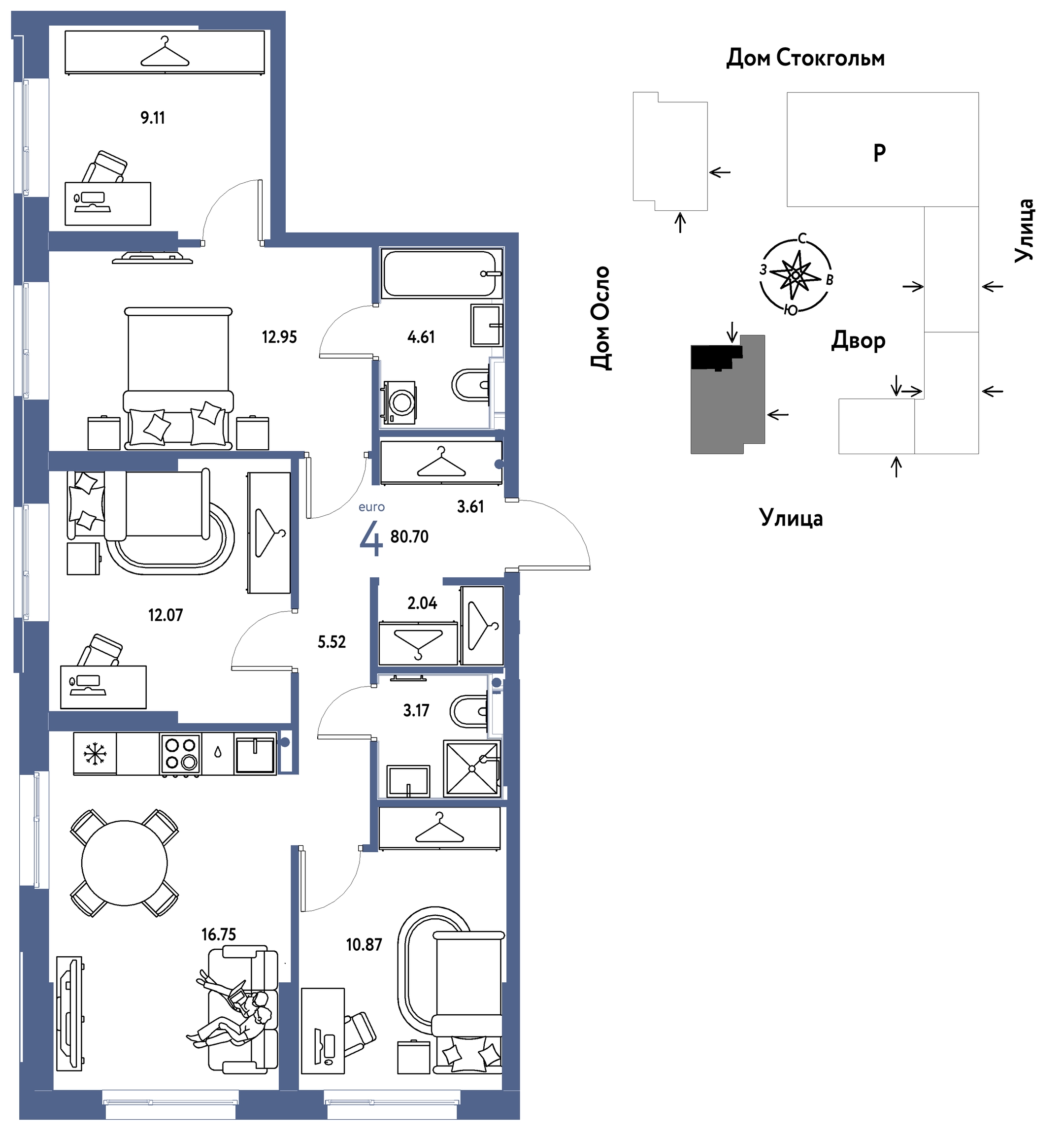 Планировка: 4-комнатная евро 80.7 м² в ЖК Европейский берег 2.0, Европейский