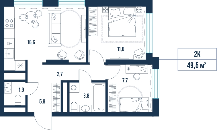 Планировка: Евротрешка 49.5 м² в ЖК AIRIS, Комарово Парк