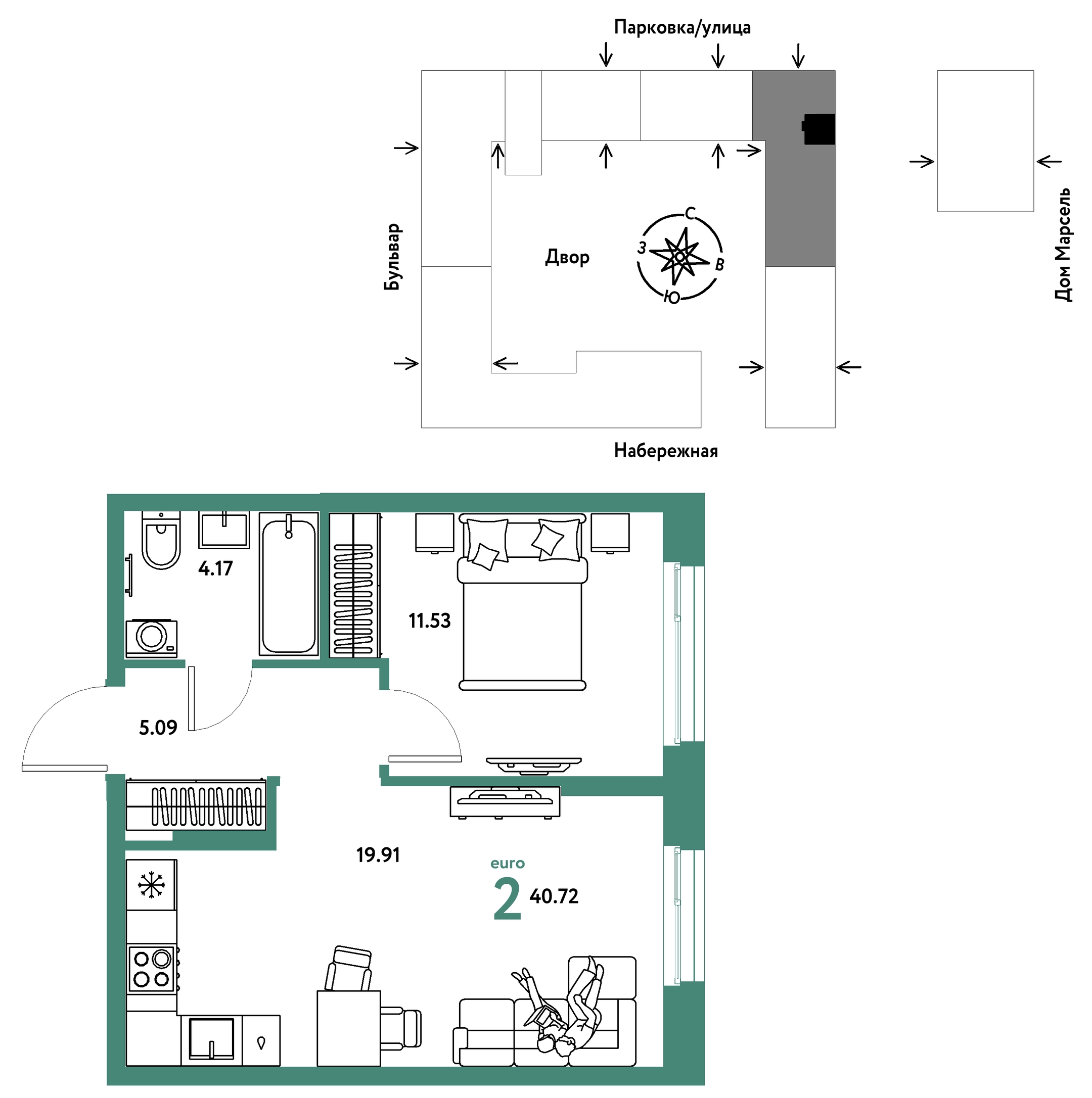 Планировка: Евродвушка 40.7 м² в ЖК Европейский берег 2.0, Европейский