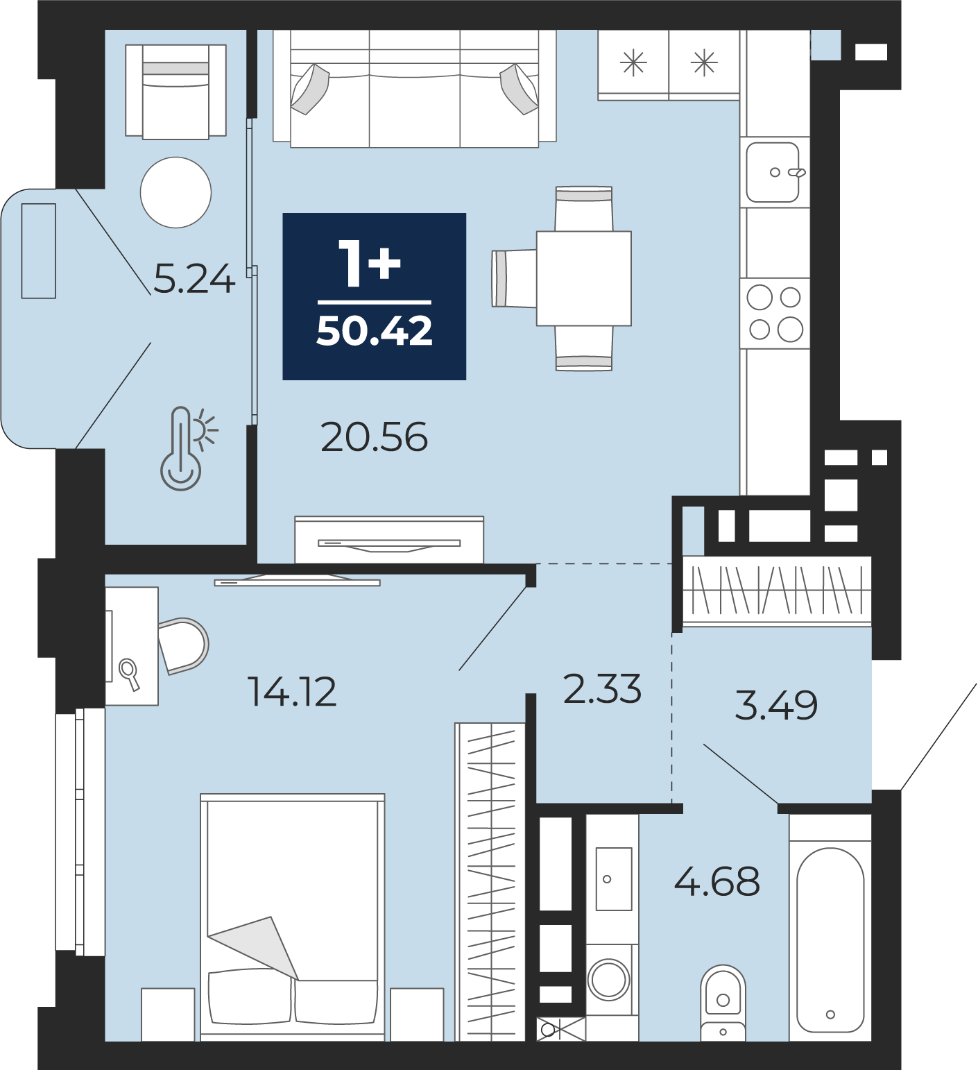Планировка: Евродвушка 50.4 м² в ЖК Айвазовский, 5-й Заречный