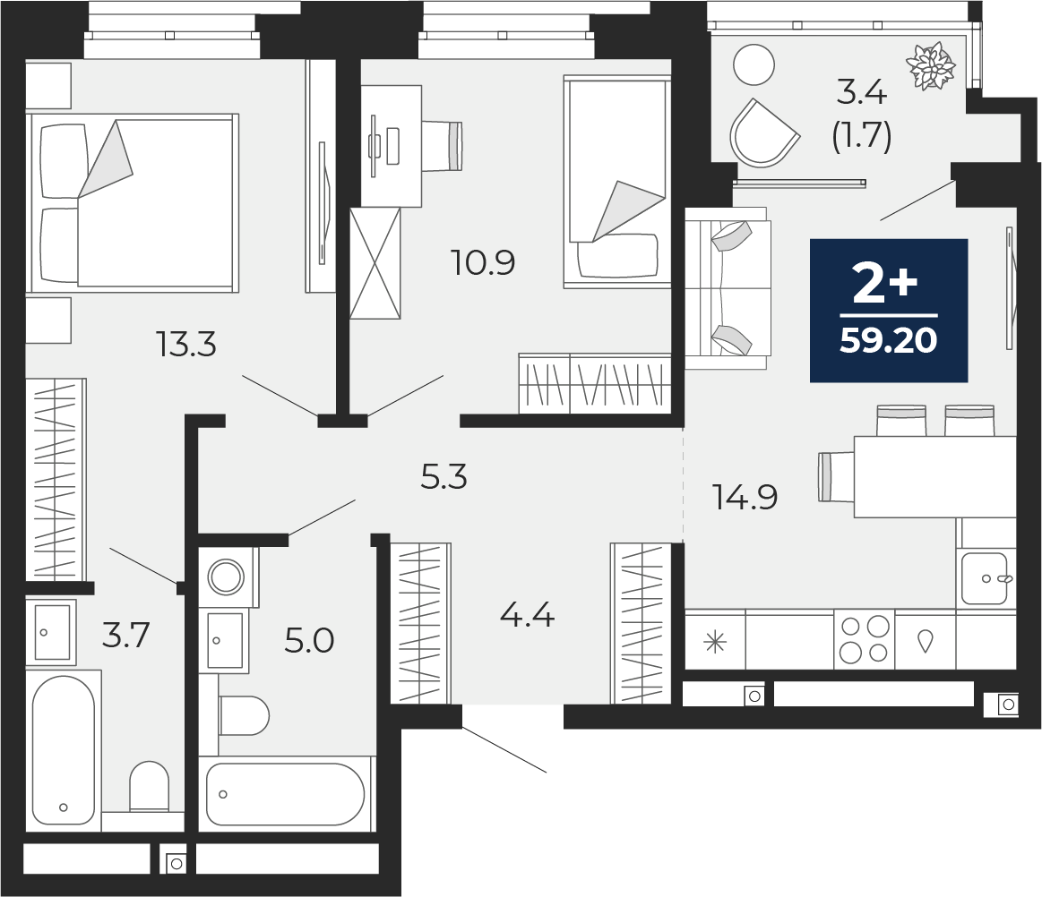 Планировка: Евротрешка 60.9 м² в ЖК Мириады, Мыс