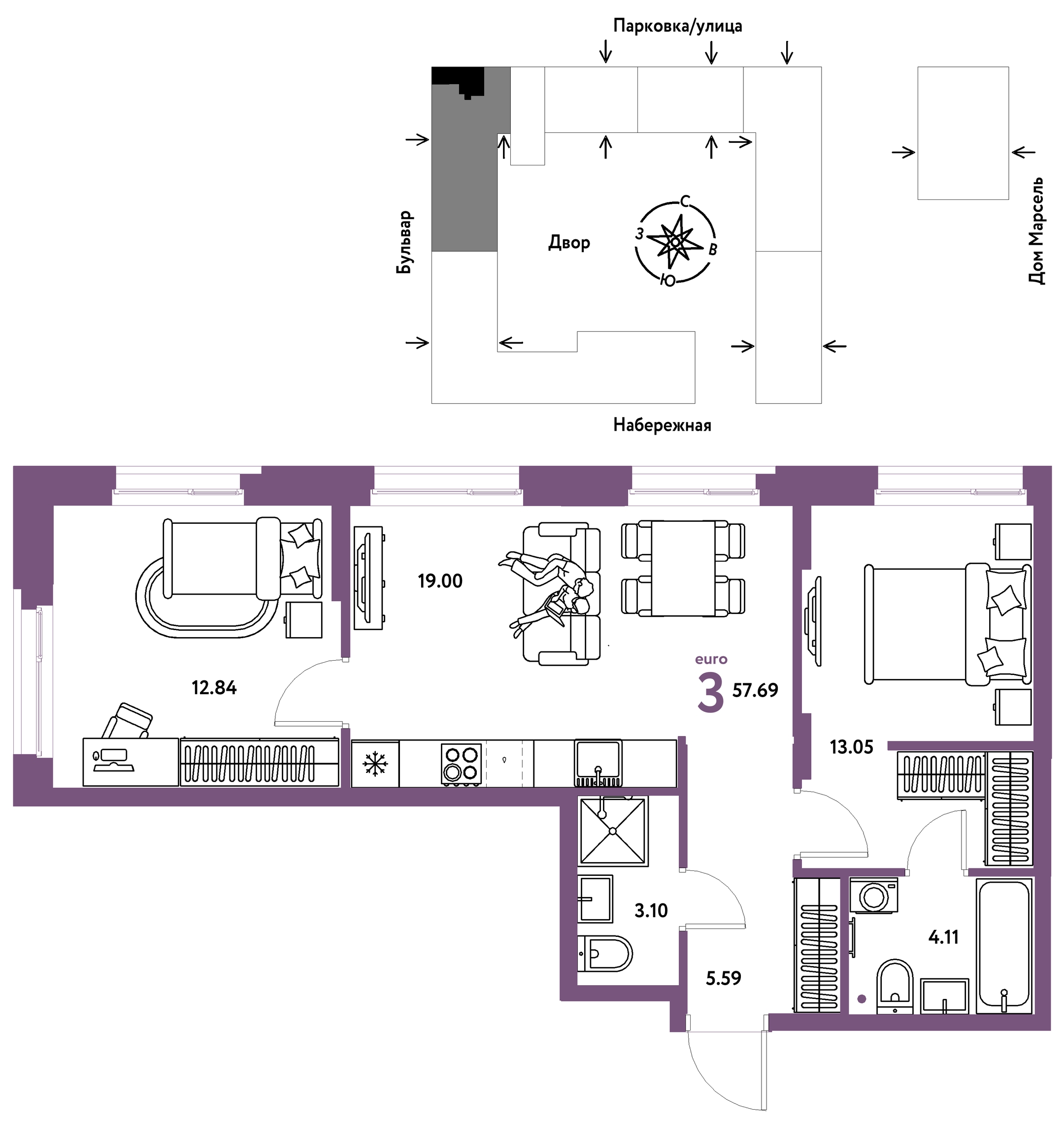 Планировка: Евротрешка 57.7 м² в ЖК Европейский берег 2.0, Европейский