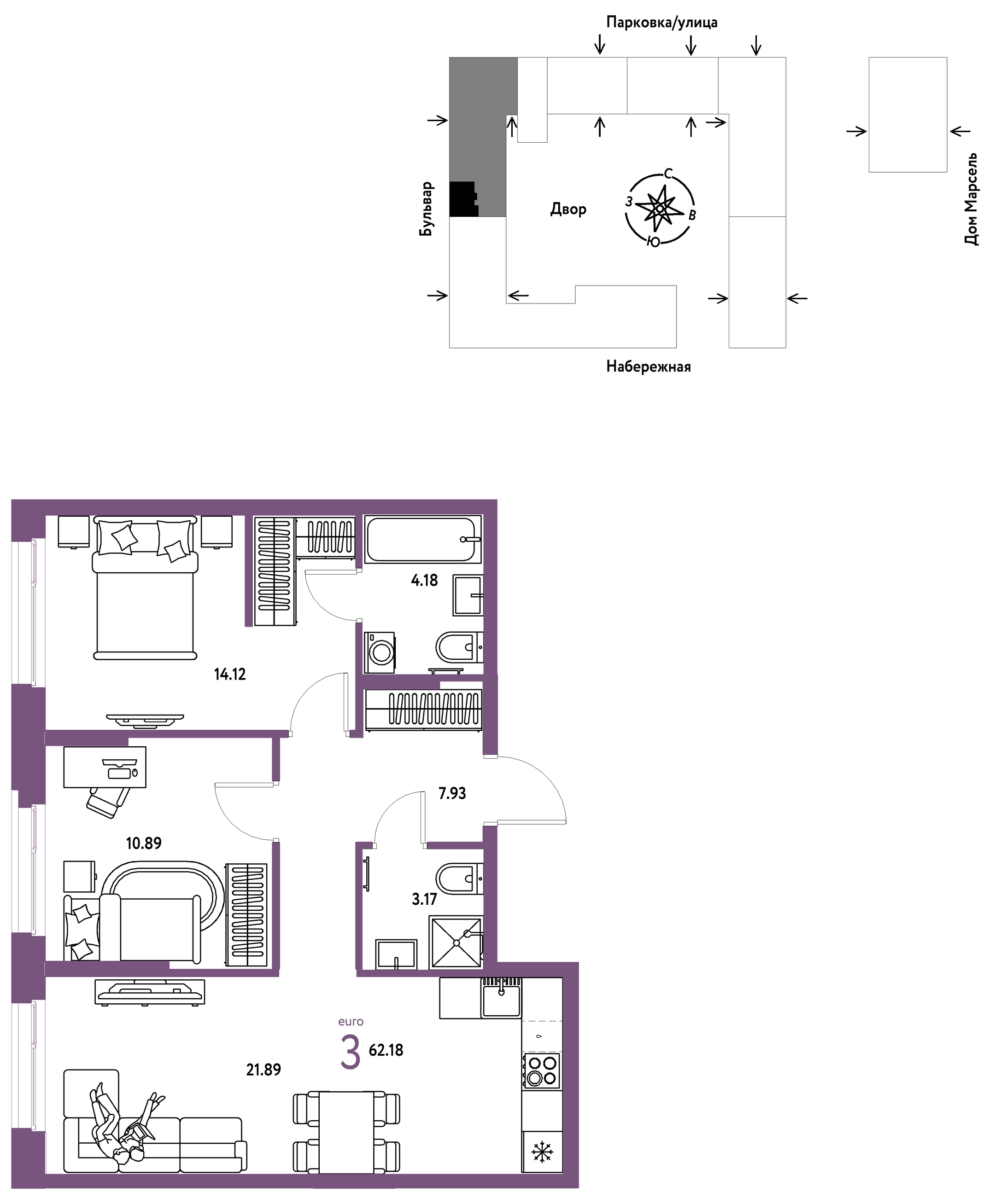 Планировка: Евротрешка 62.2 м² в ЖК Европейский берег 2.0, Европейский