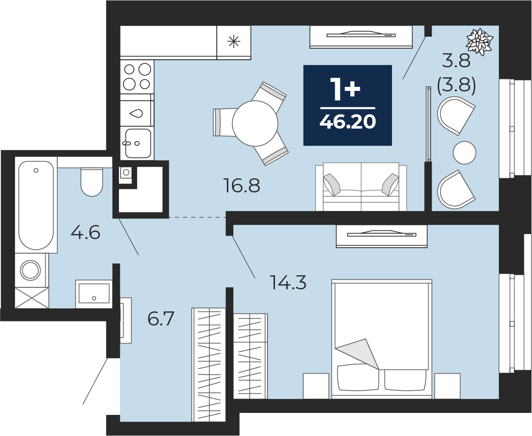 Планировка: Евродвушка 46.2 м² в ЖК Мириады, Мыс