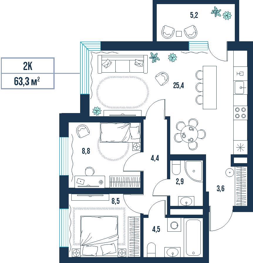 Планировка: 2-комнатная 63.3 м² в ЖК AIRIS, Комарово Парк