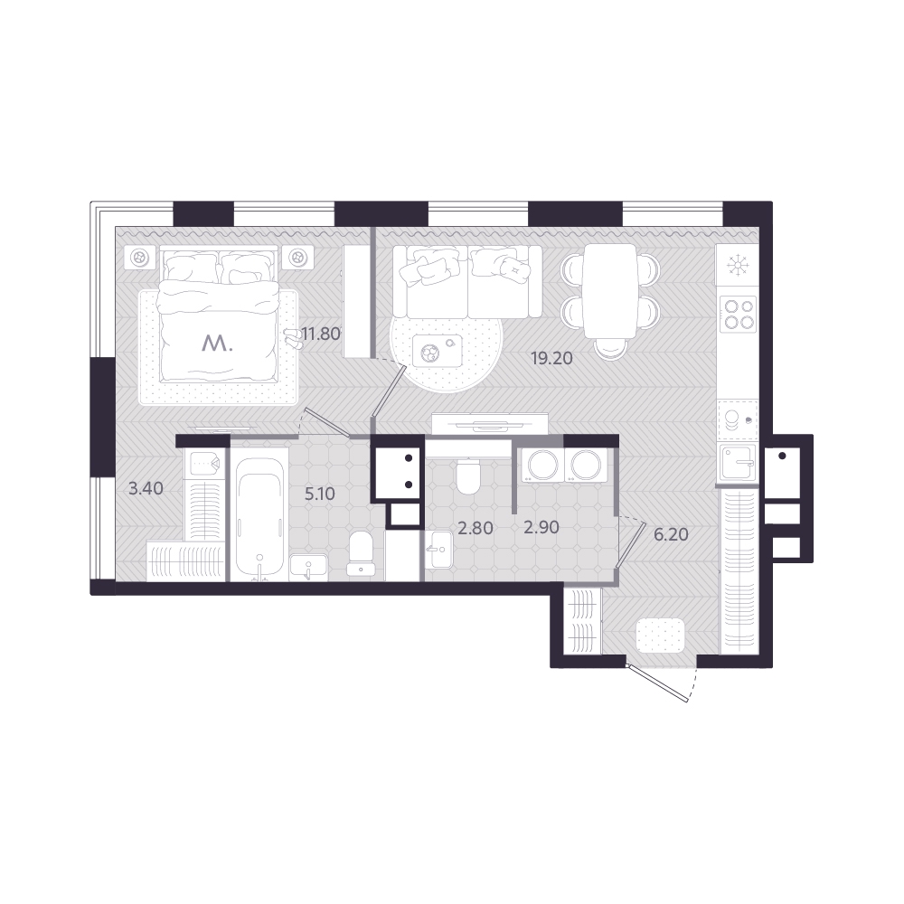 Планировка: 1-комнатная 51.4 м² в ЖК Монео, Центр