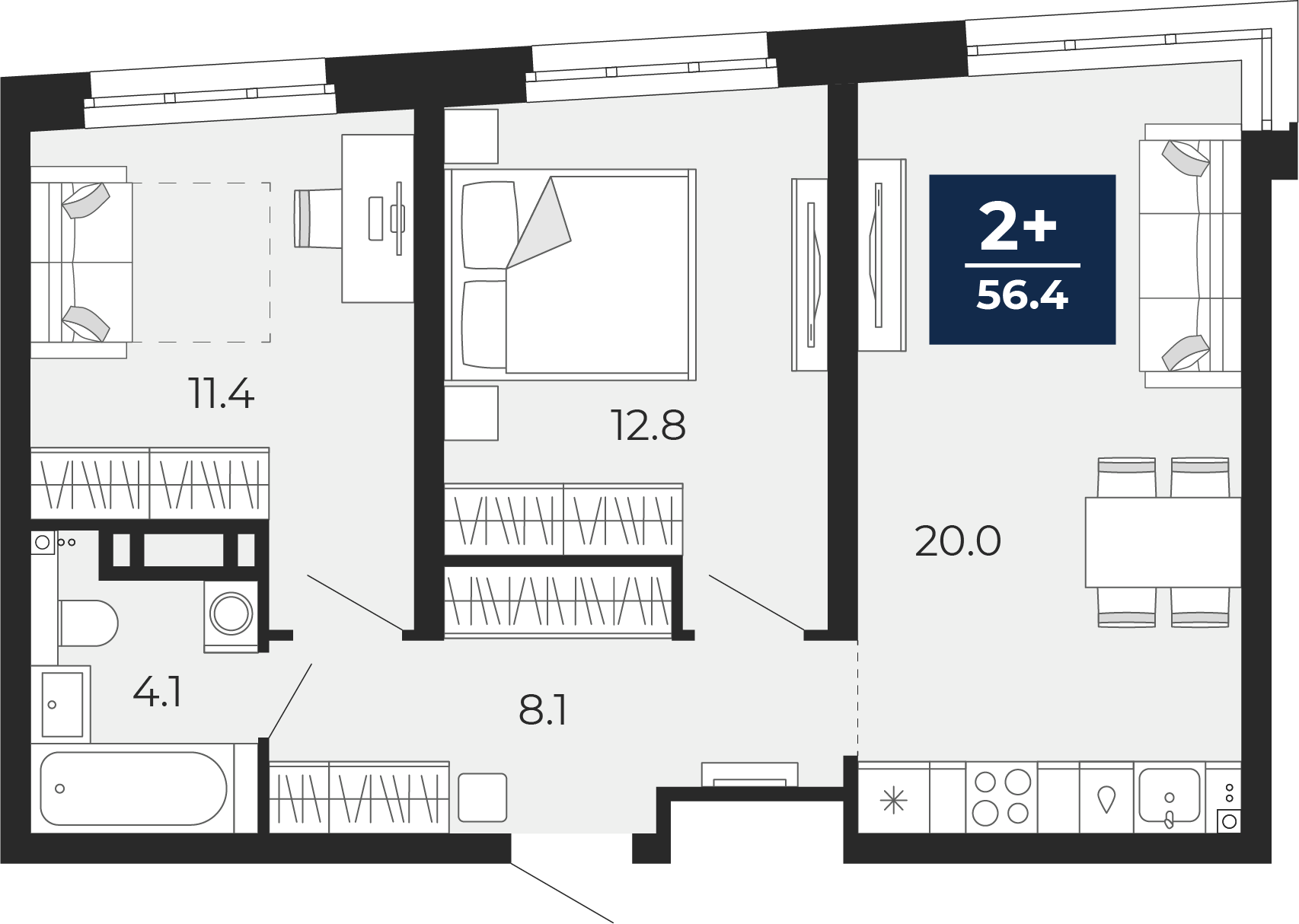 Планировка: Евротрешка 57.7 м² в ЖК Прео, Тюменская слобода