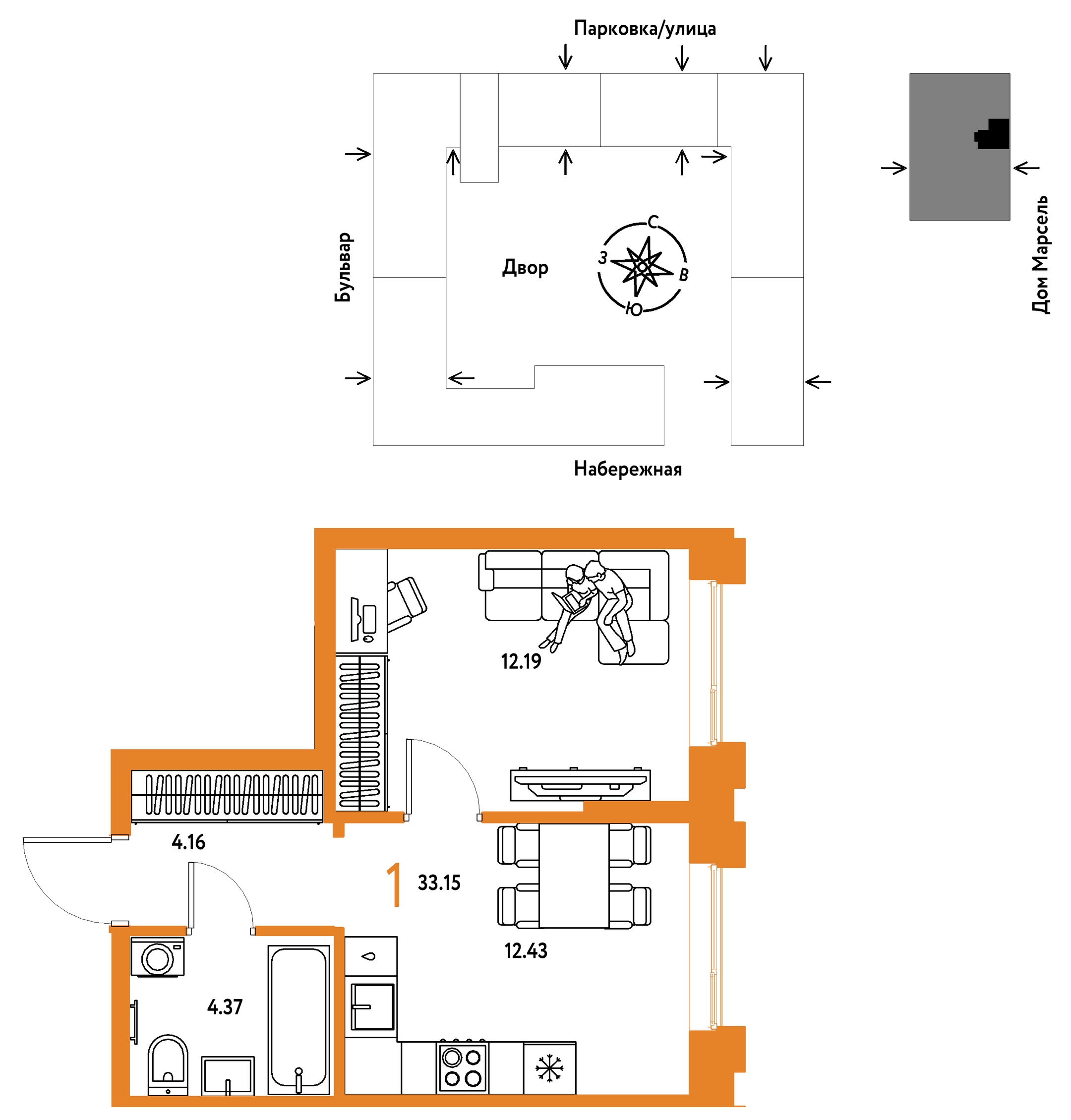 Планировка: 1-комнатная 33.1 м² в ЖК Европейский берег 2.0, Европейский