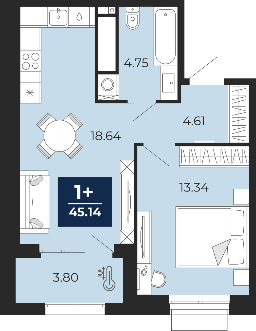 Планировка: Евродвушка 45.1 м² в ЖК Мириады, Мыс