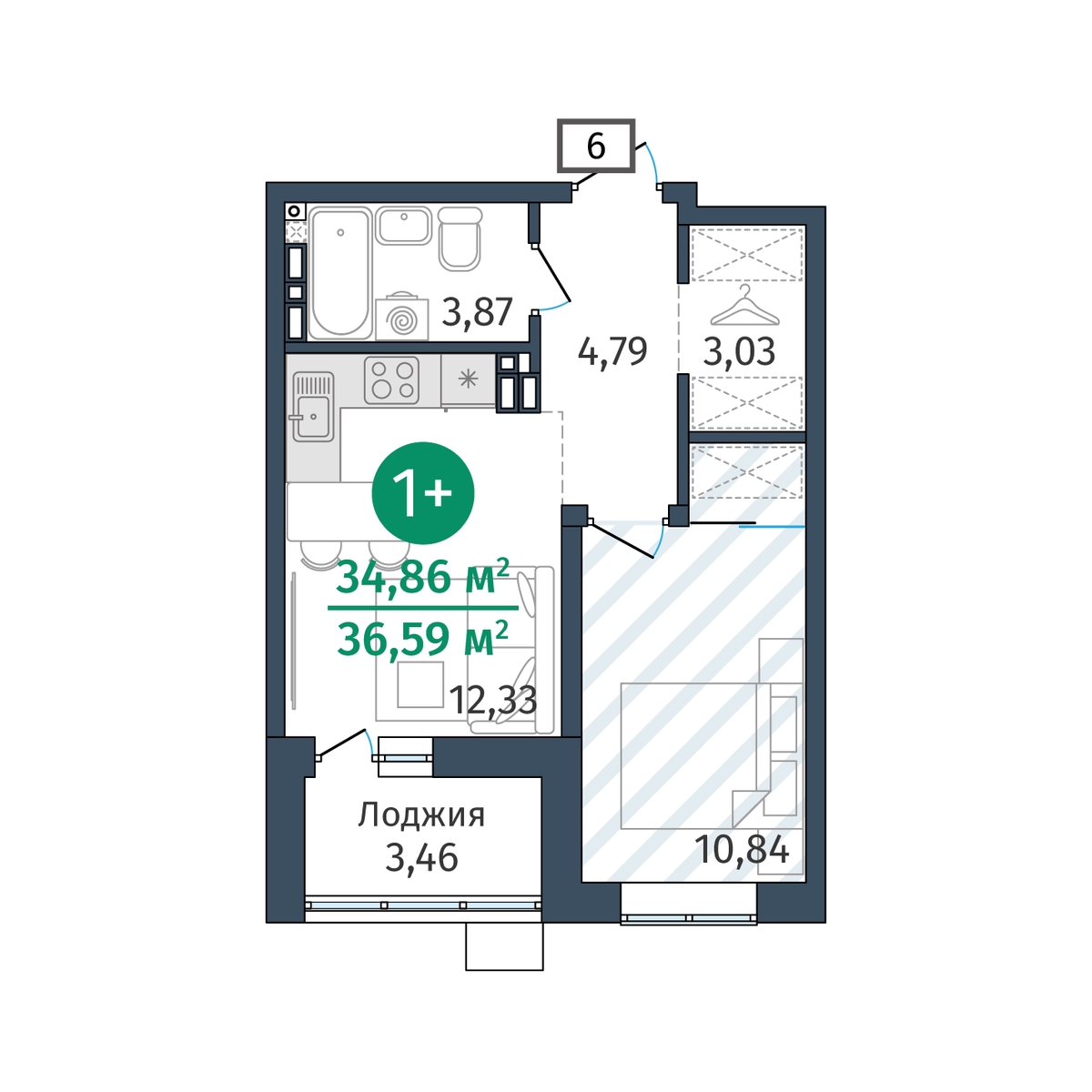 Планировка: 1-комнатная 36.6 м² в ЖК Гринвуд, От Слободы до Комарово парк
