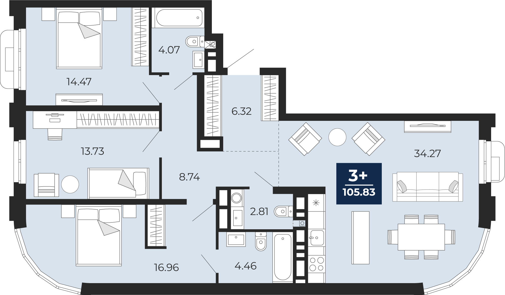 Планировка: 4-комнатная евро 105.8 м² в ЖК Айвазовский, 5-й Заречный