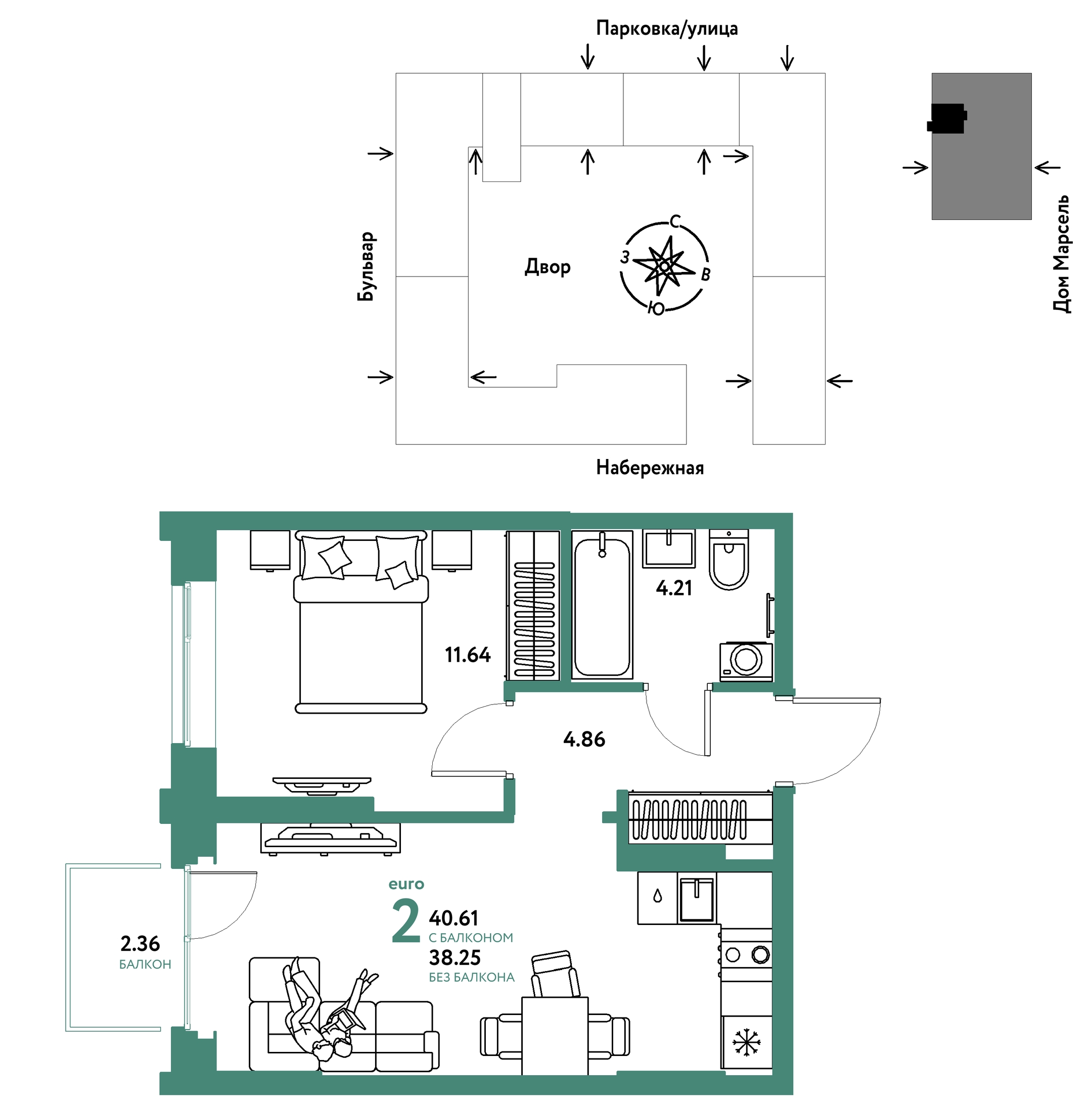 Планировка: Евродвушка 40.6 м² в ЖК Европейский берег 2.0, Европейский