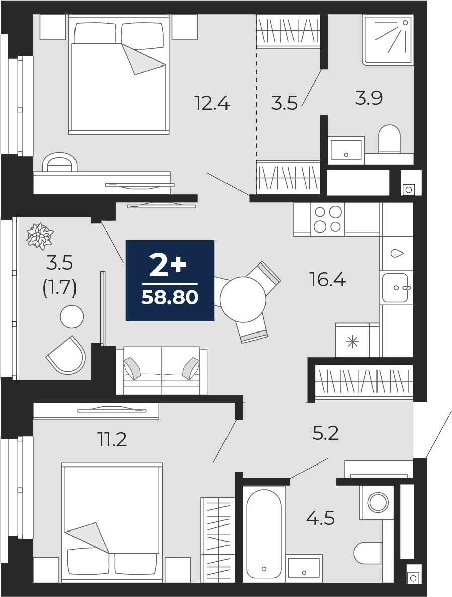 Планировка: Евротрешка 60.6 м² в ЖК Мириады, Мыс