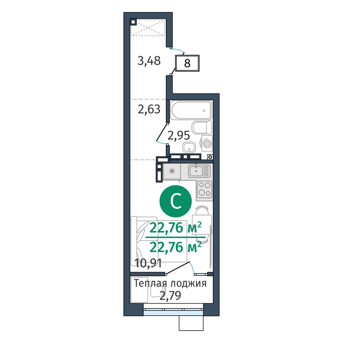 Планировка: Студия 22.8 м² в ЖК Гринвуд, От Слободы до Комарово парк
