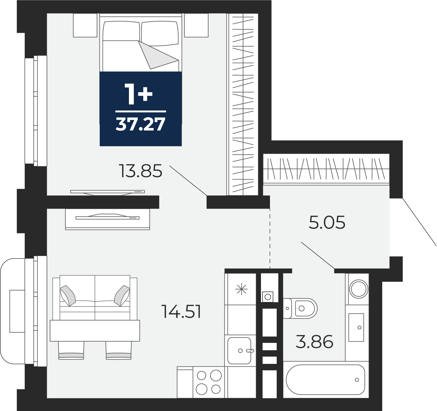 Планировка: Евродвушка 37.3 м² в ЖК Айвазовский, 5-й Заречный
