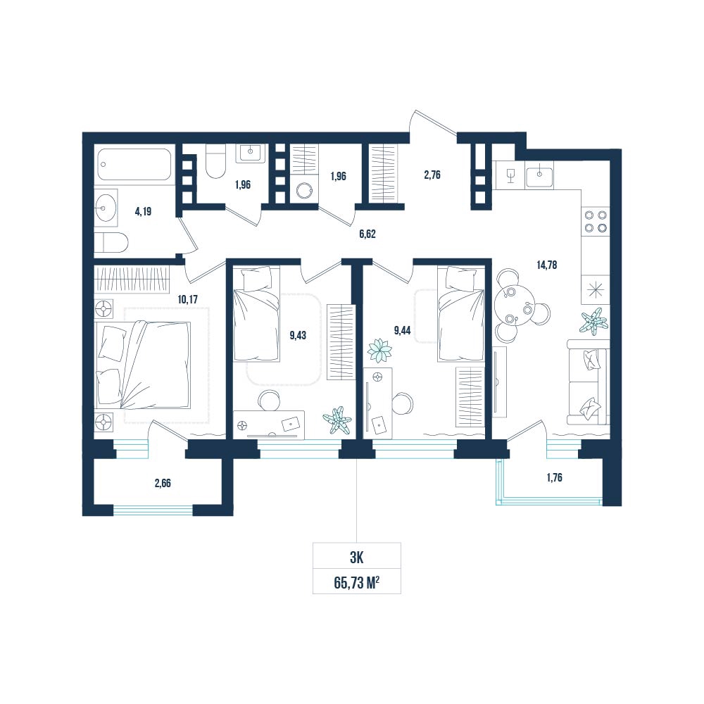 Планировка: 4-комнатная евро 65.7 м² в ЖК Смородина, Мелиораторов