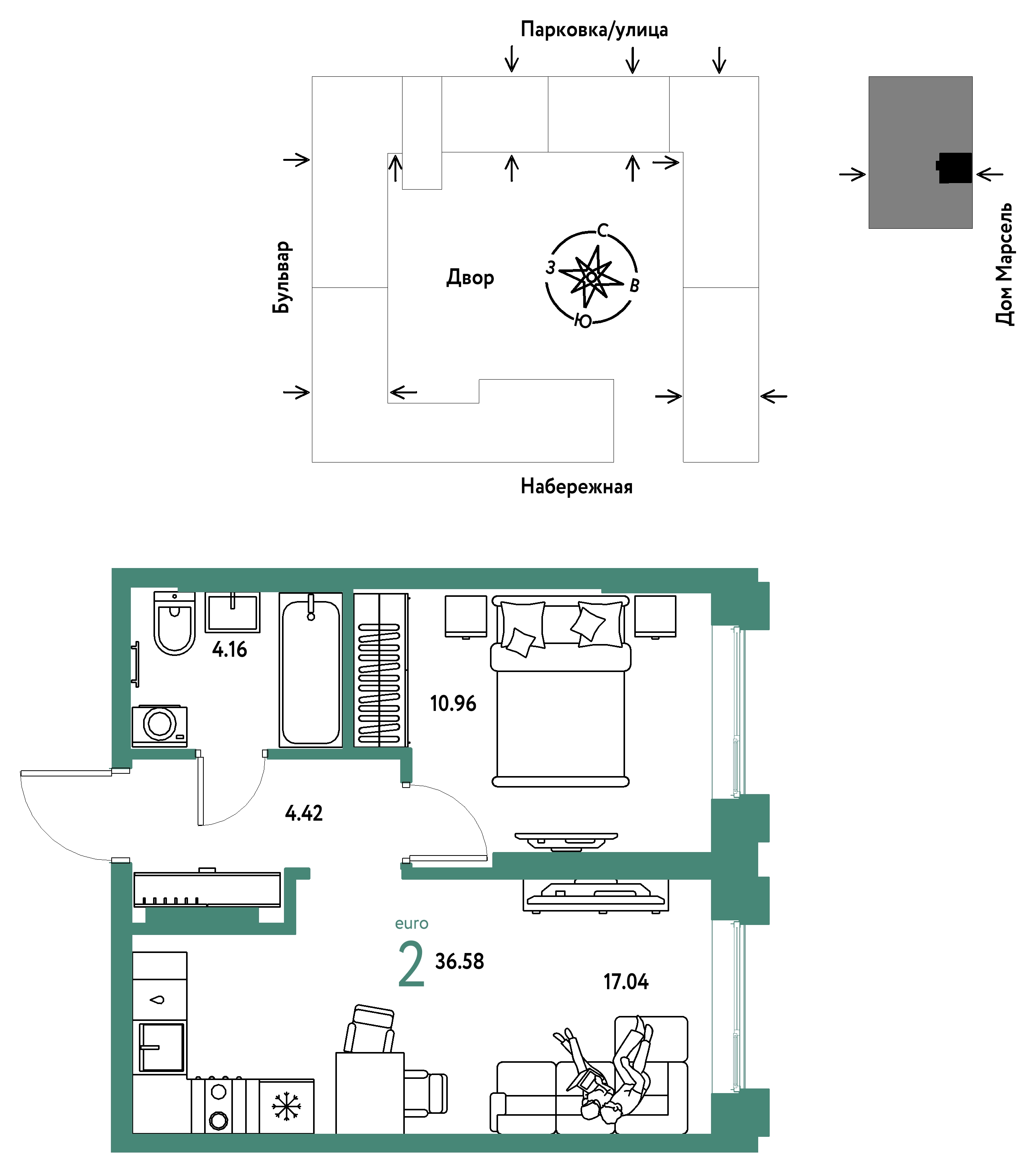 Планировка: Евродвушка 36.6 м² в ЖК Европейский берег 2.0, Европейский