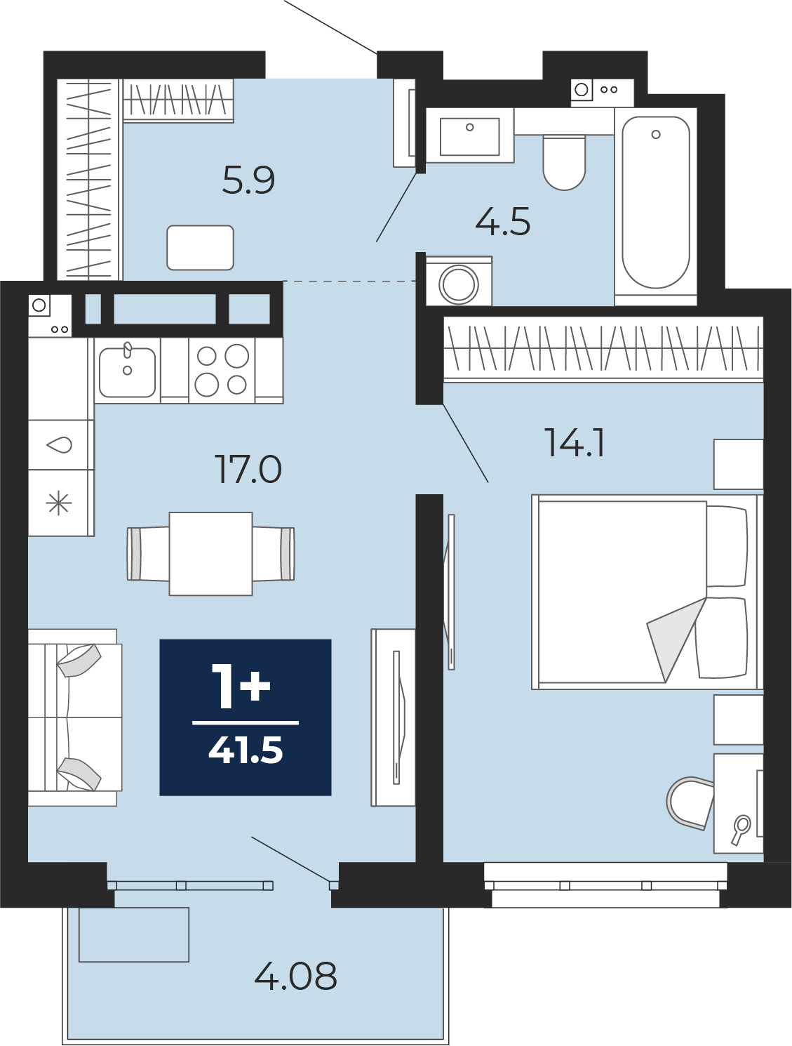 Планировка: Евродвушка 46.4 м² в ЖК Прео, Тюменская слобода