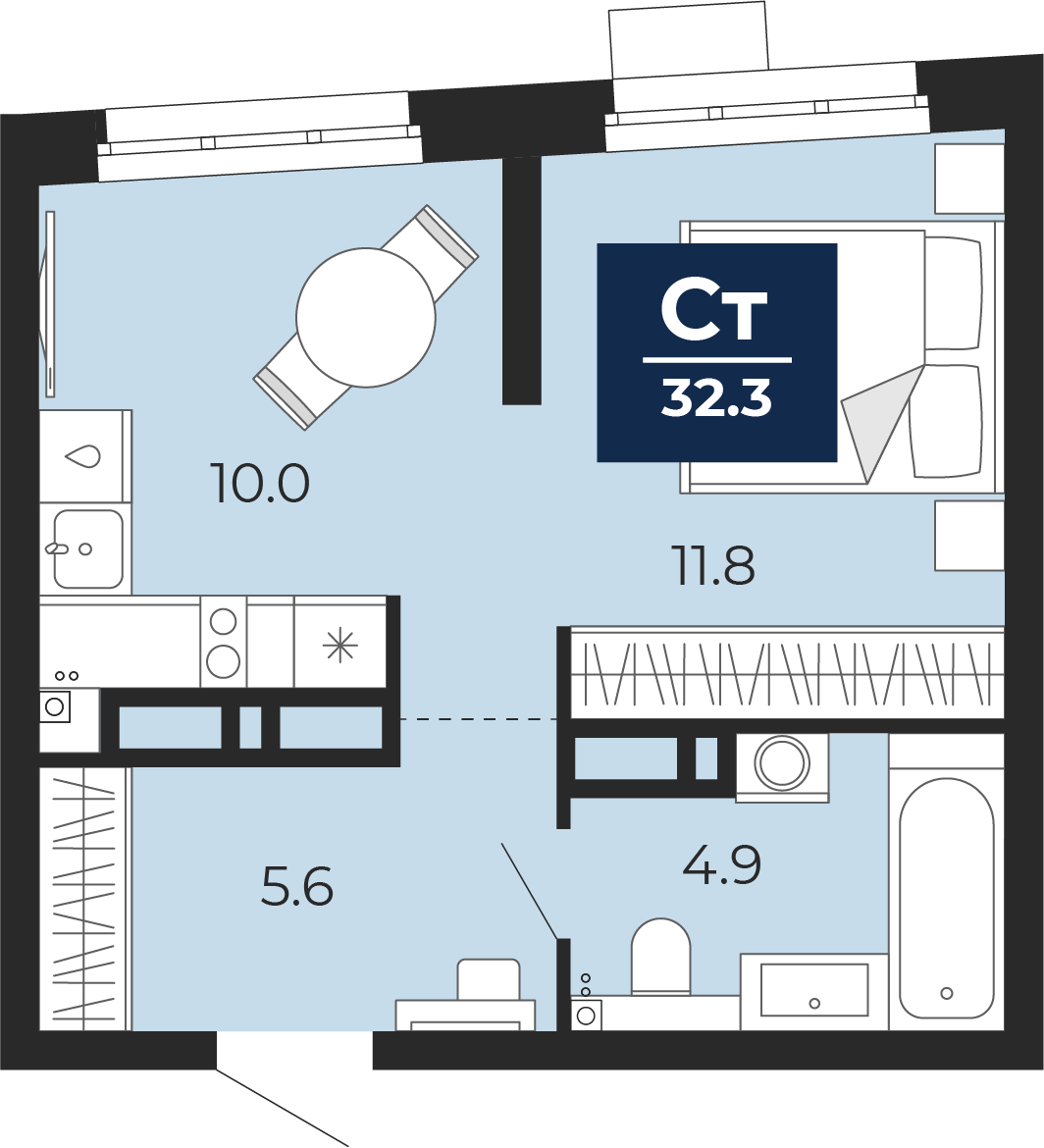 Планировка: Студия 32.8 м² в ЖК Прео, Тюменская слобода