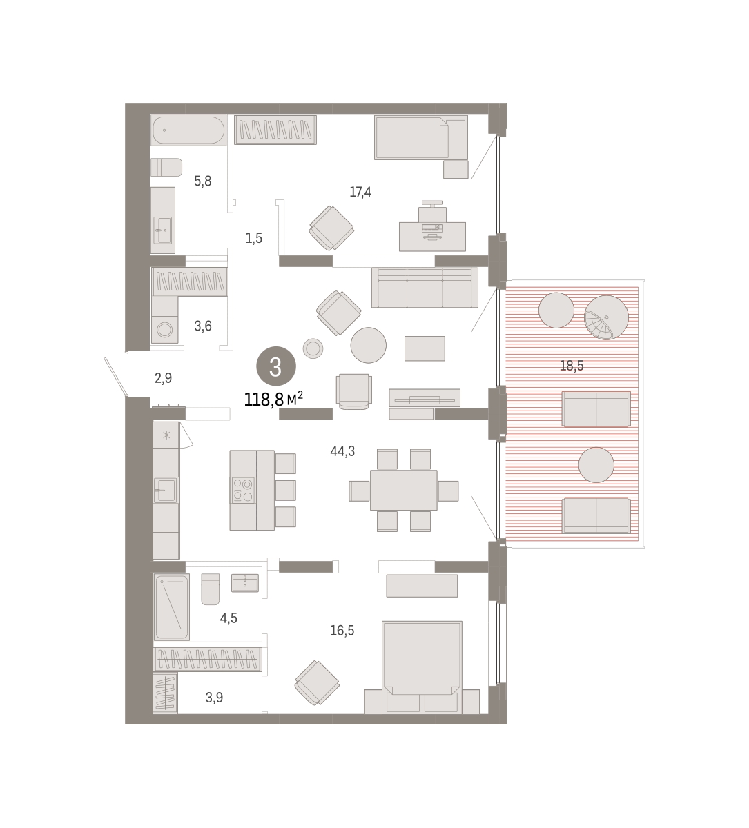 Планировка: 2-комнатная 118.8 м² в ЖК Зарека, Заречный