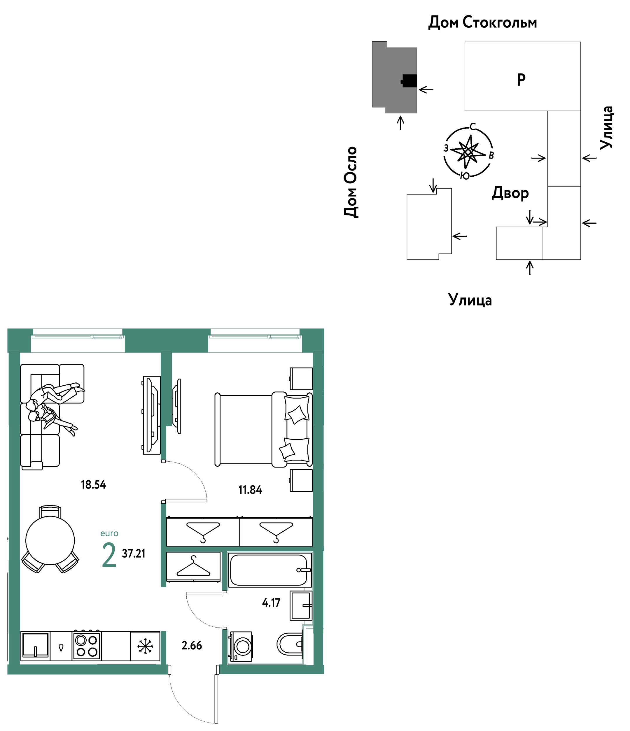 Планировка: Евродвушка 37.2 м² в ЖК Европейский берег 2.0, Европейский