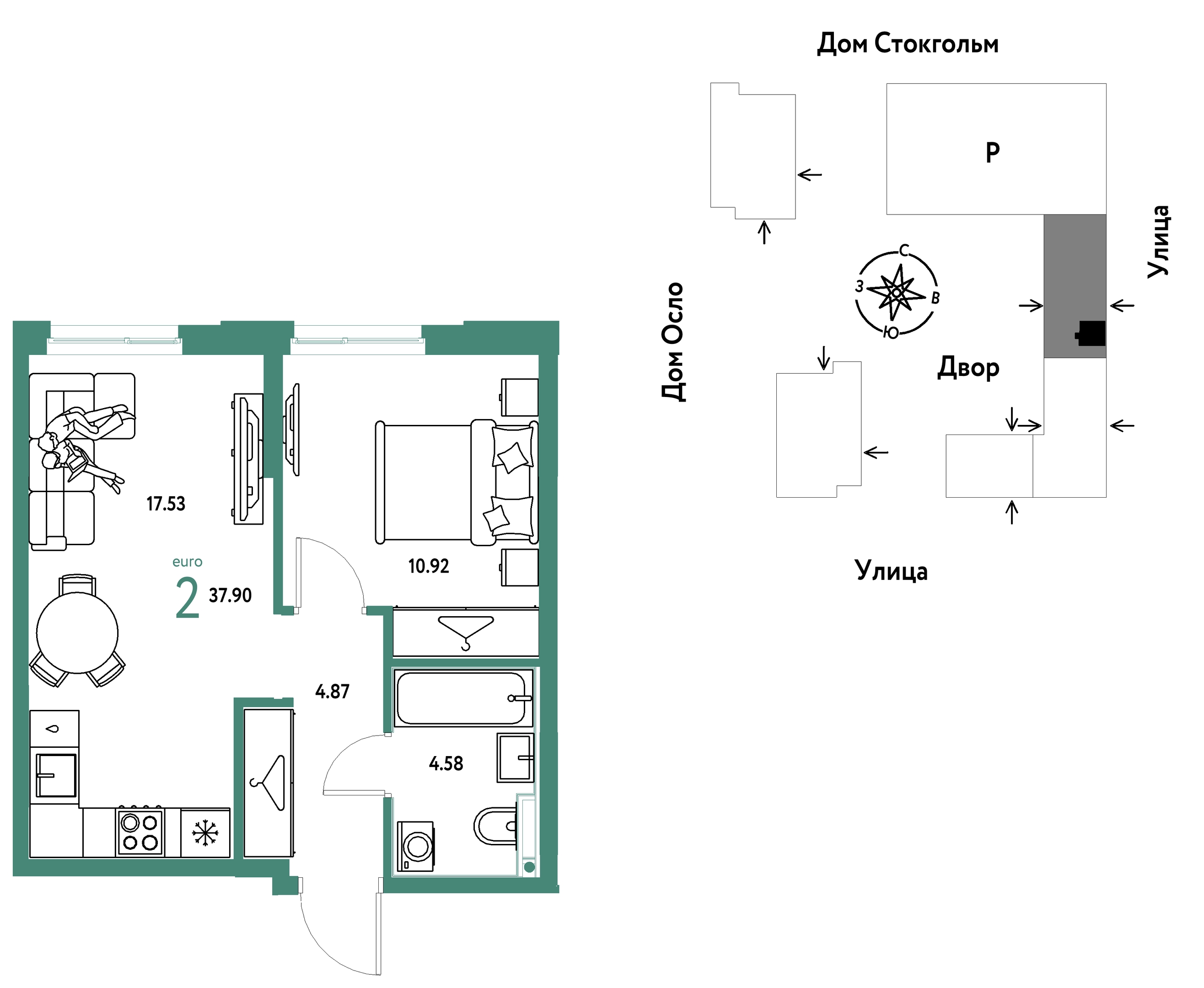 Планировка: Евродвушка 37.9 м² в ЖК Европейский берег 2.0, Европейский