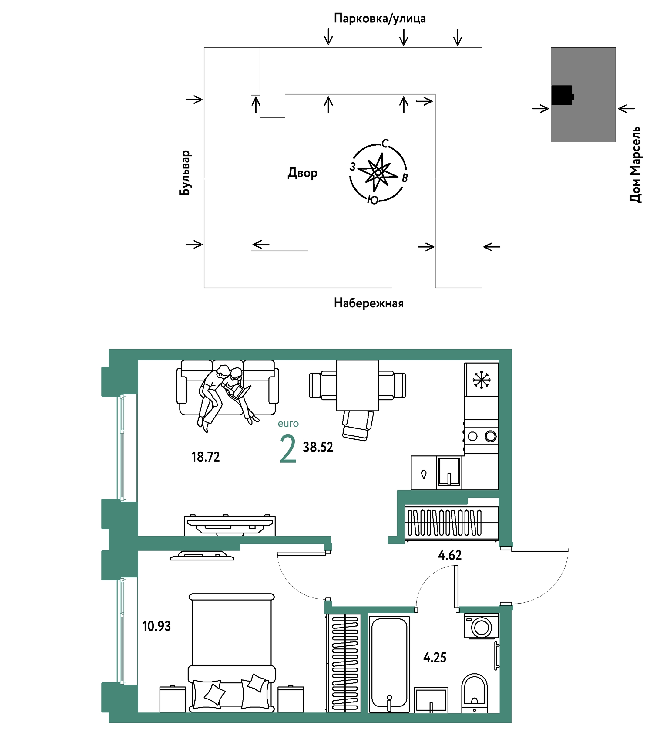 Планировка: Евродвушка 38.5 м² в ЖК Европейский берег 2.0, Европейский
