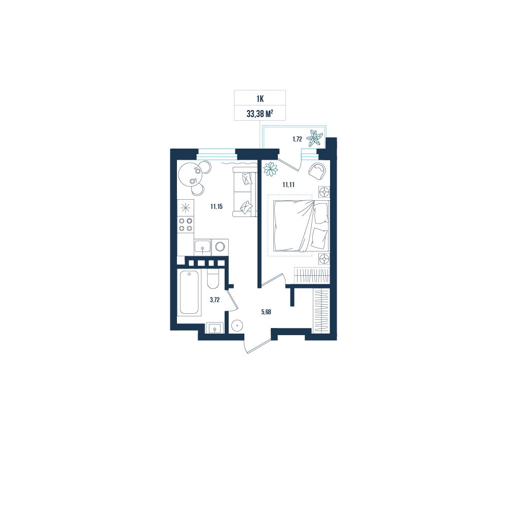 Планировка: 1-комнатная 33.4 м² в ЖК Смородина, Мелиораторов