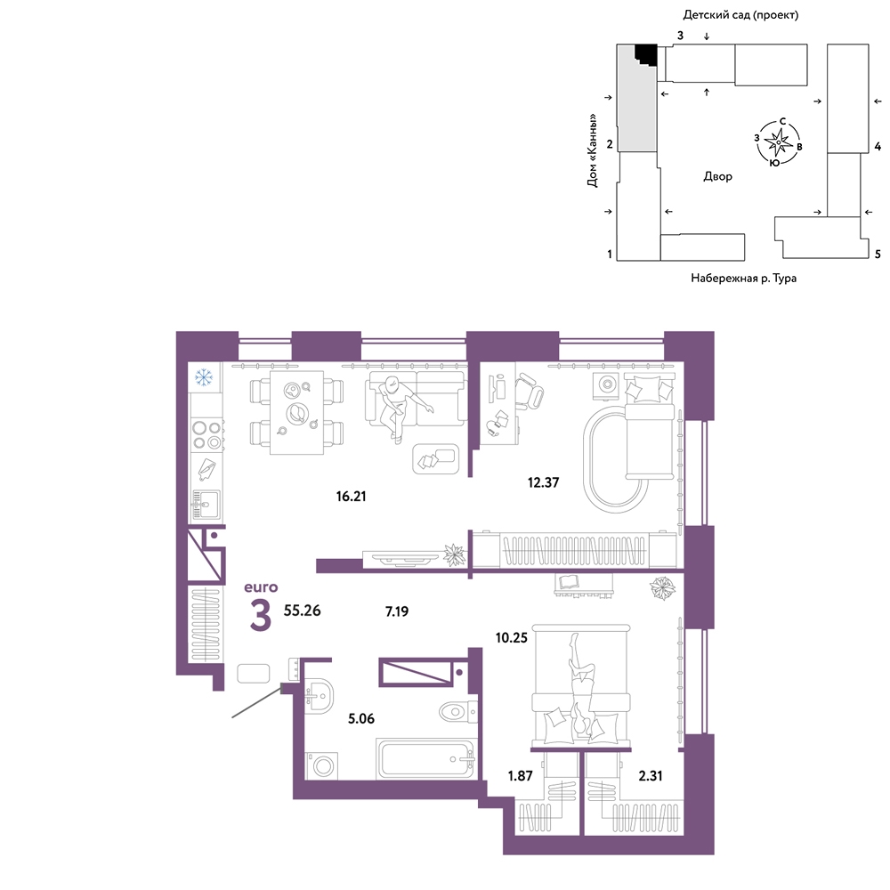 Планировка: Евротрешка 55.3 м² в ЖК Европейский берег 2.0, Европейский