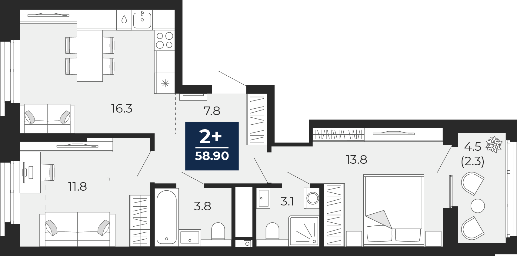 Планировка: Евротрешка 61.1 м² в ЖК Мириады, Мыс