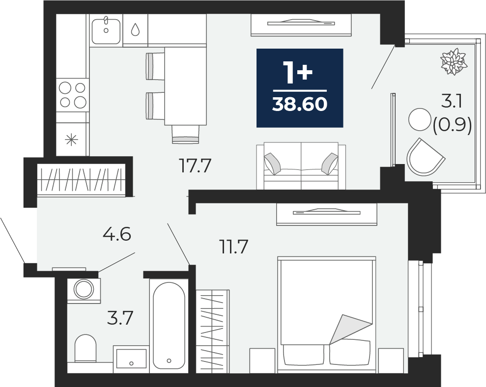 Планировка: Евродвушка 40.8 м² в ЖК Мириады, Мыс