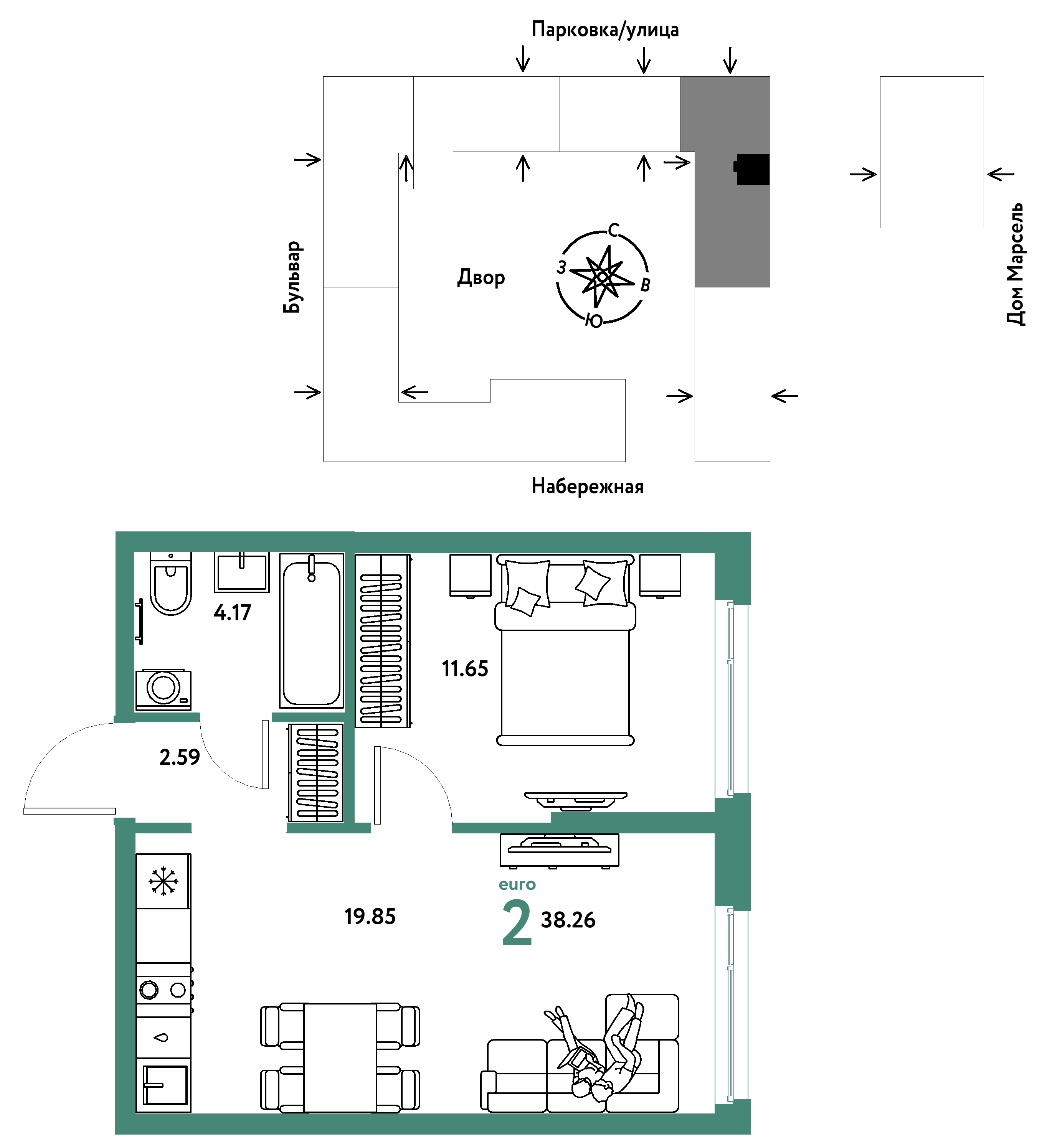 Планировка: Евродвушка 38.3 м² в ЖК Европейский берег 2.0, Европейский