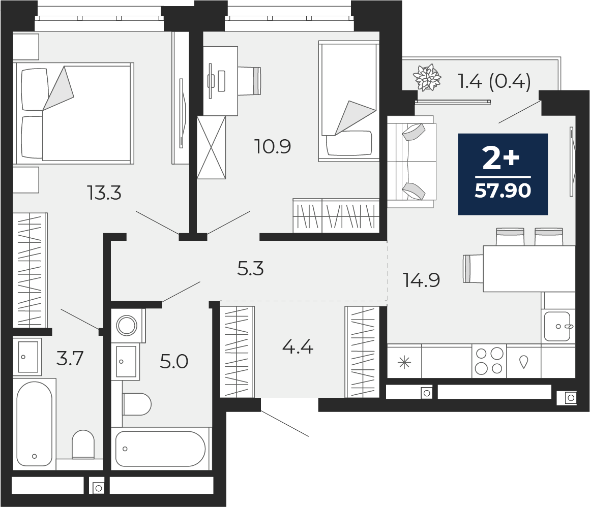 Планировка: Евротрешка 58.9 м² в ЖК Мириады, Мыс