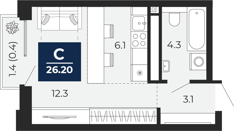 Планировка: Студия 27.2 м² в ЖК Мириады, Мыс