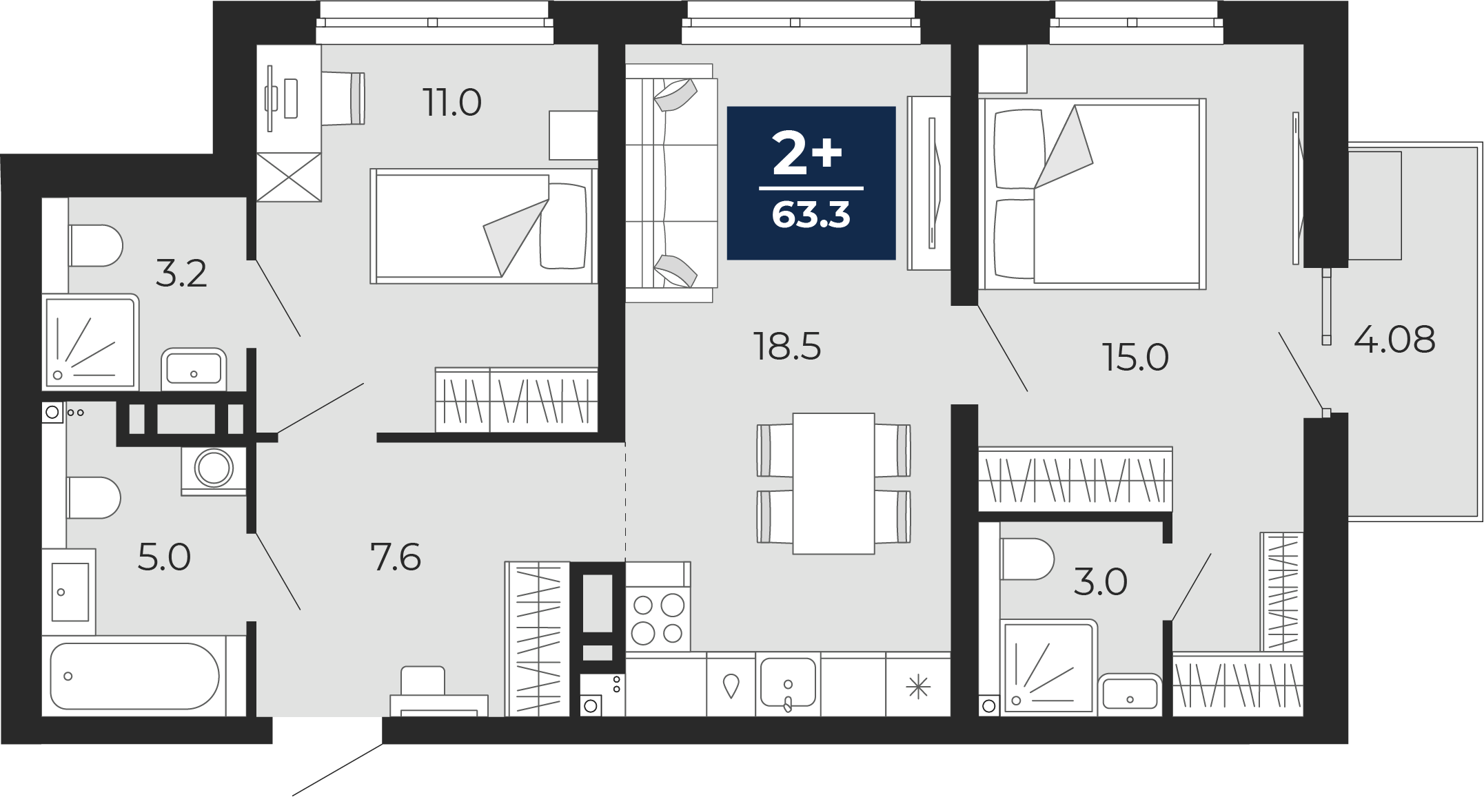 Планировка: Евротрешка 68.7 м² в ЖК Прео, Тюменская слобода