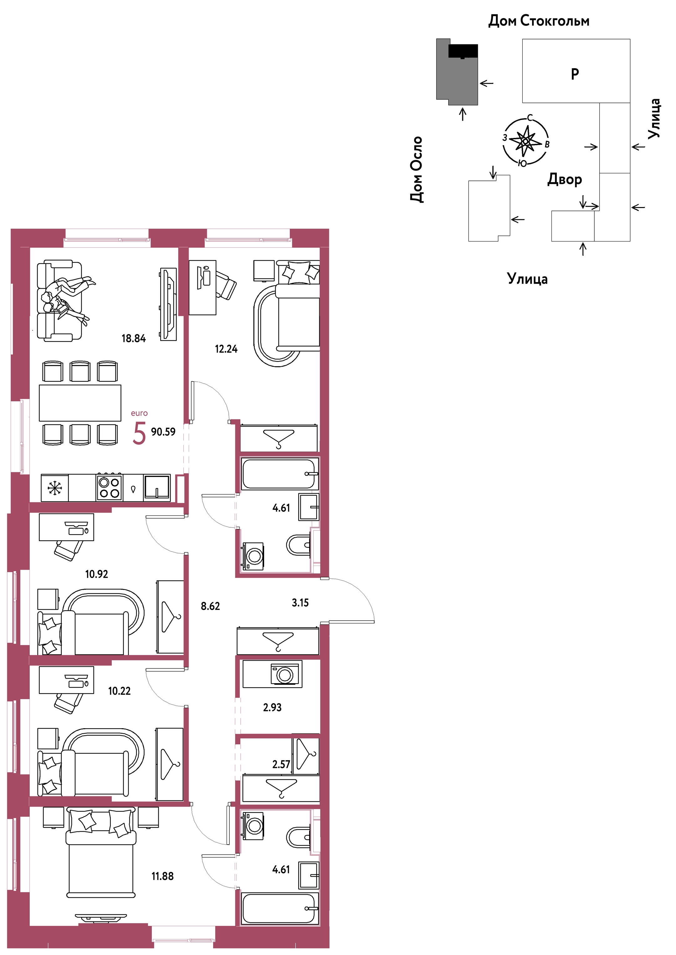 Планировка: 5-комнатная евро 90.6 м² в ЖК Европейский берег 2.0, Европейский