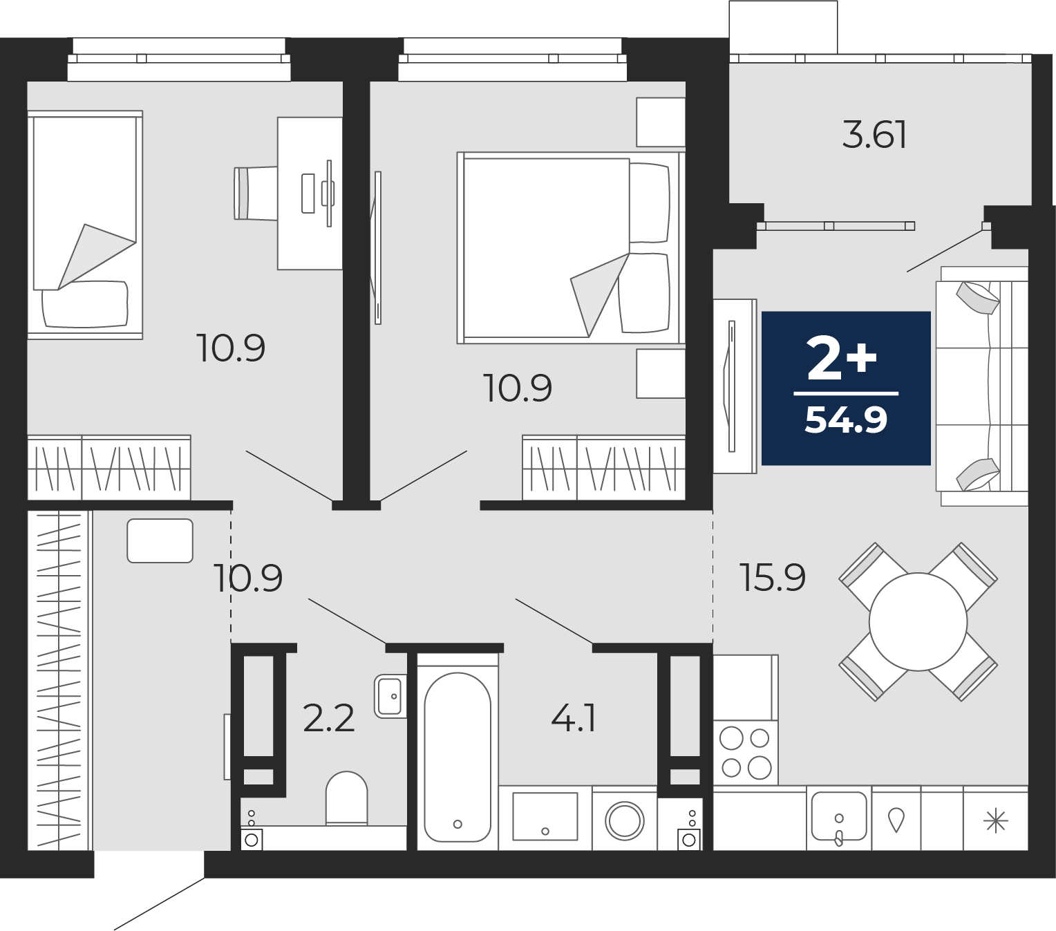 Планировка: Евротрешка 59.7 м² в ЖК Прео, Тюменская слобода